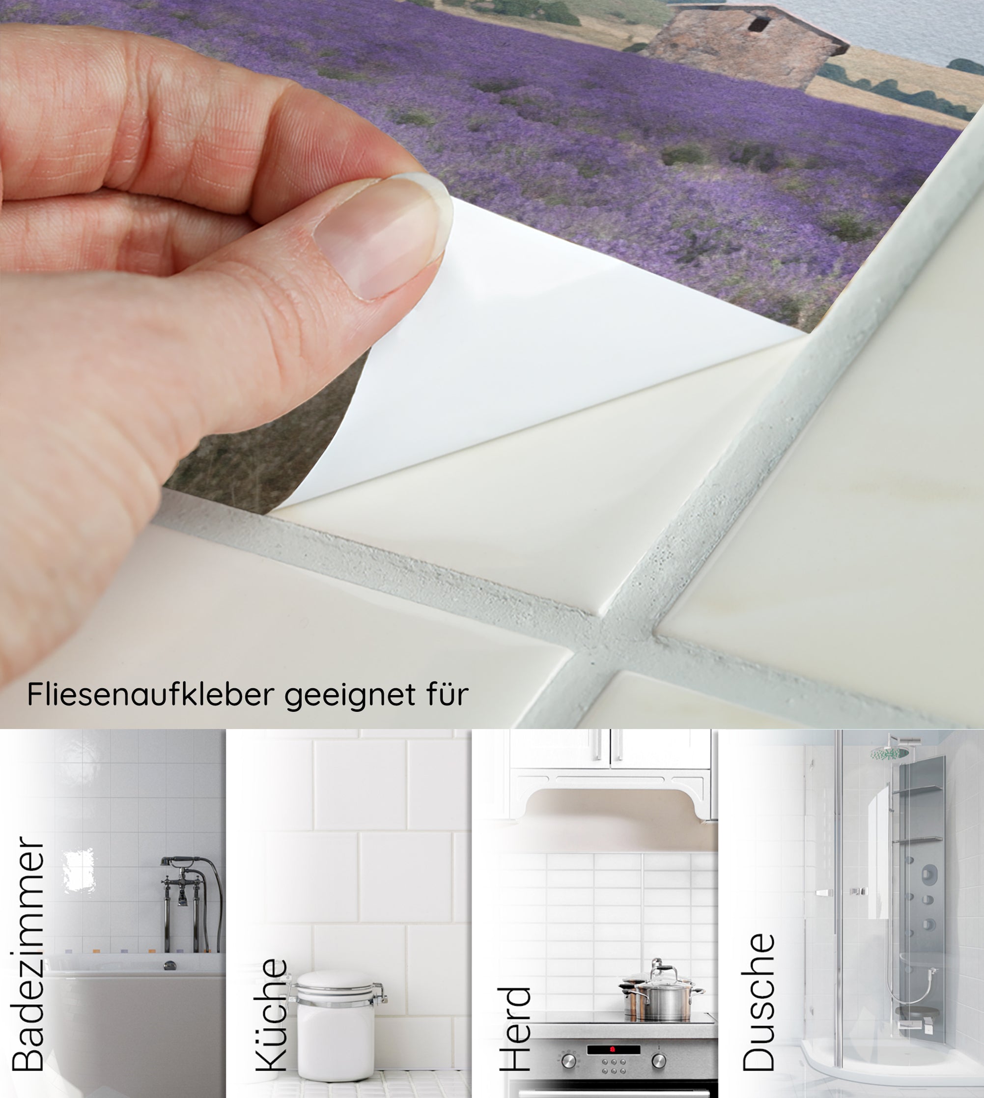 Fliesenaufkleber mit Lavendelmotiv für verschiedene Räume.