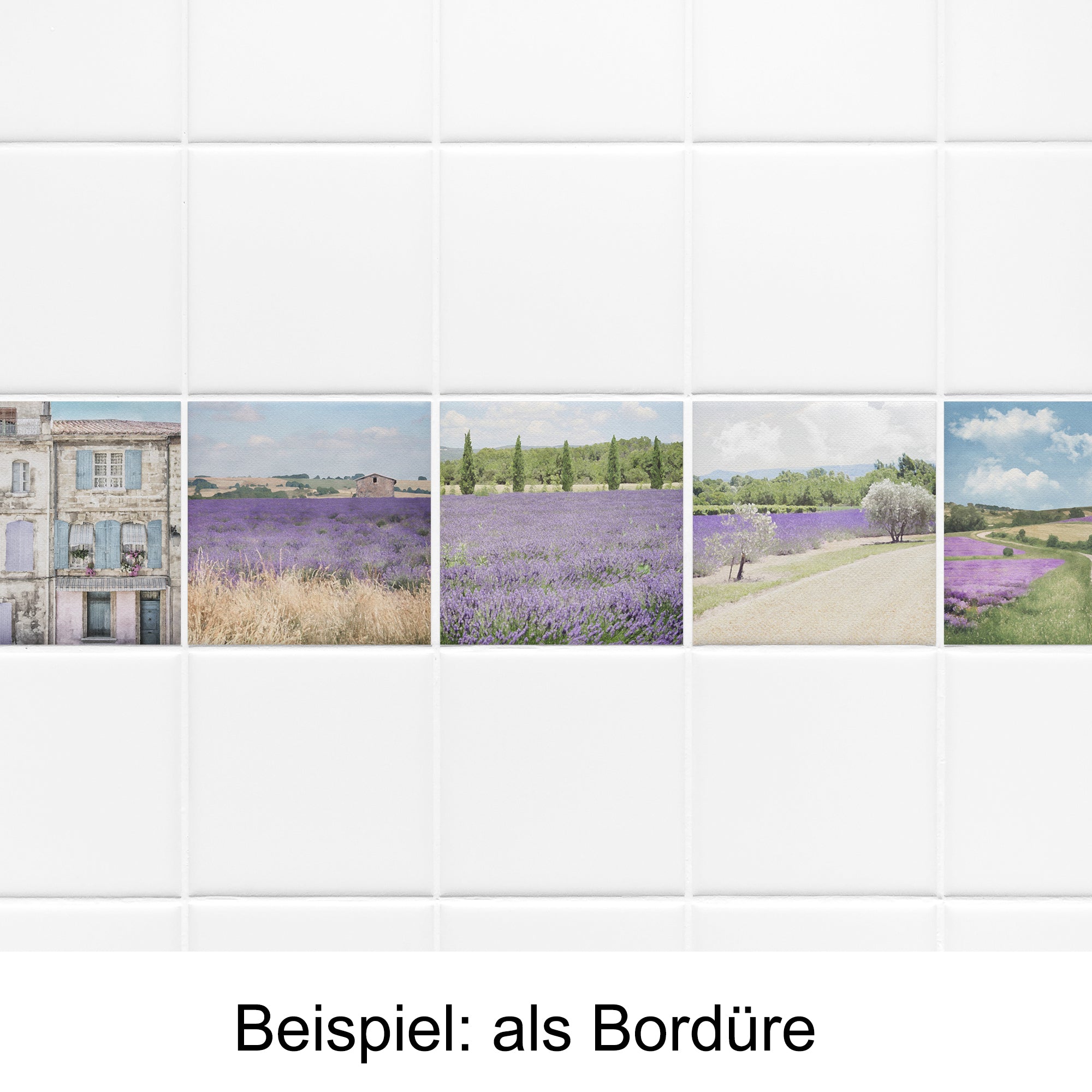 Lavendel-Bordüre mit lila Blumen und Landschaftsbildern.