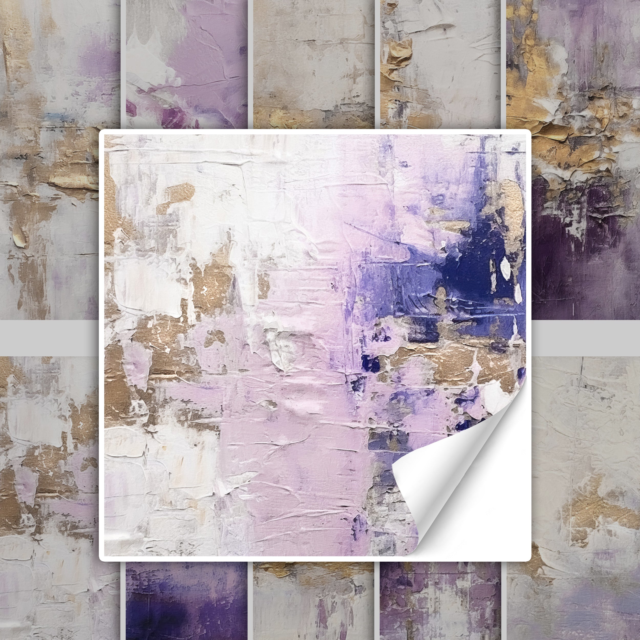 Abstrakte Malerei in Lila, Weiß und Goldtönen.