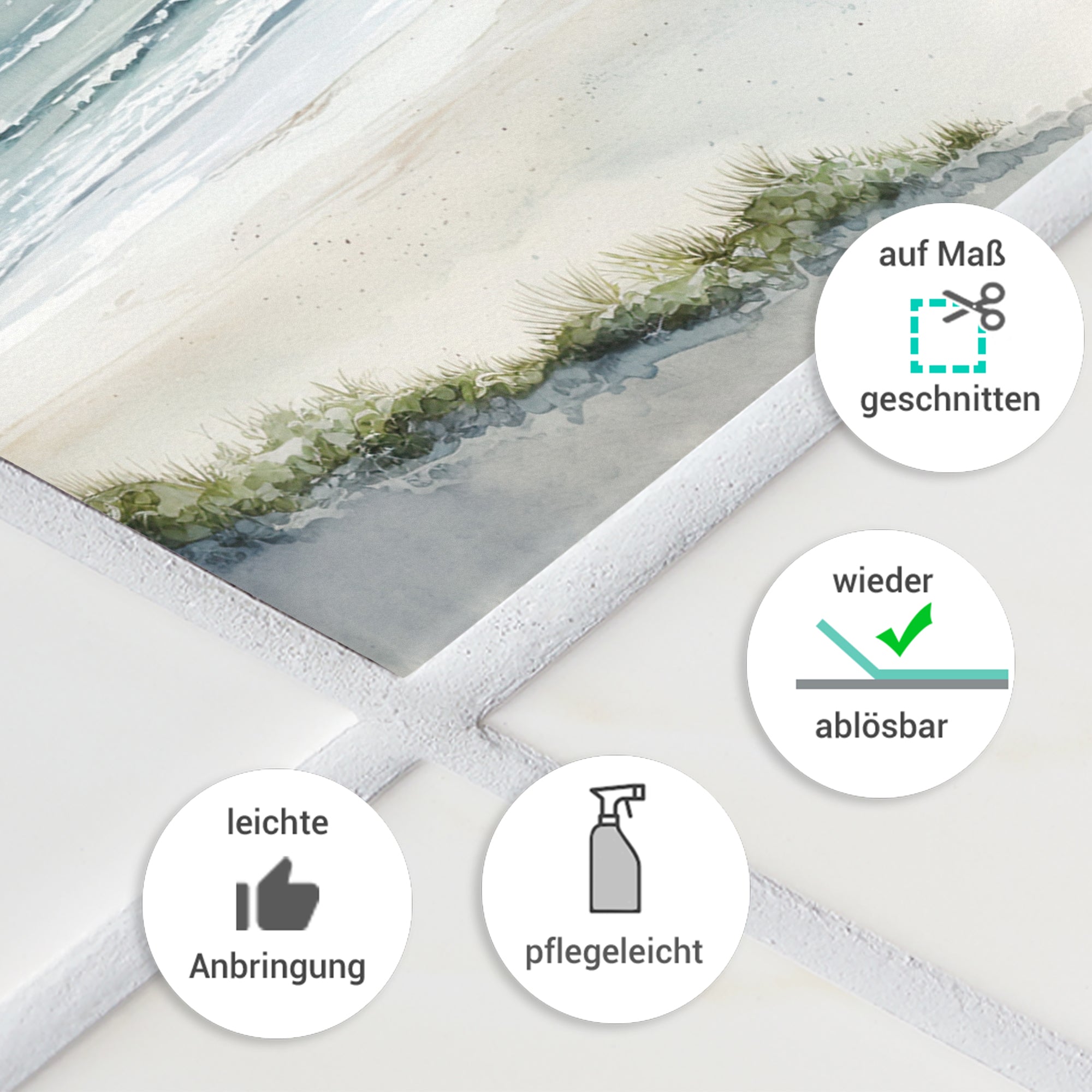 Wasserfarbdruck in sanften Blau- und Grüntönen, pflegeleicht.