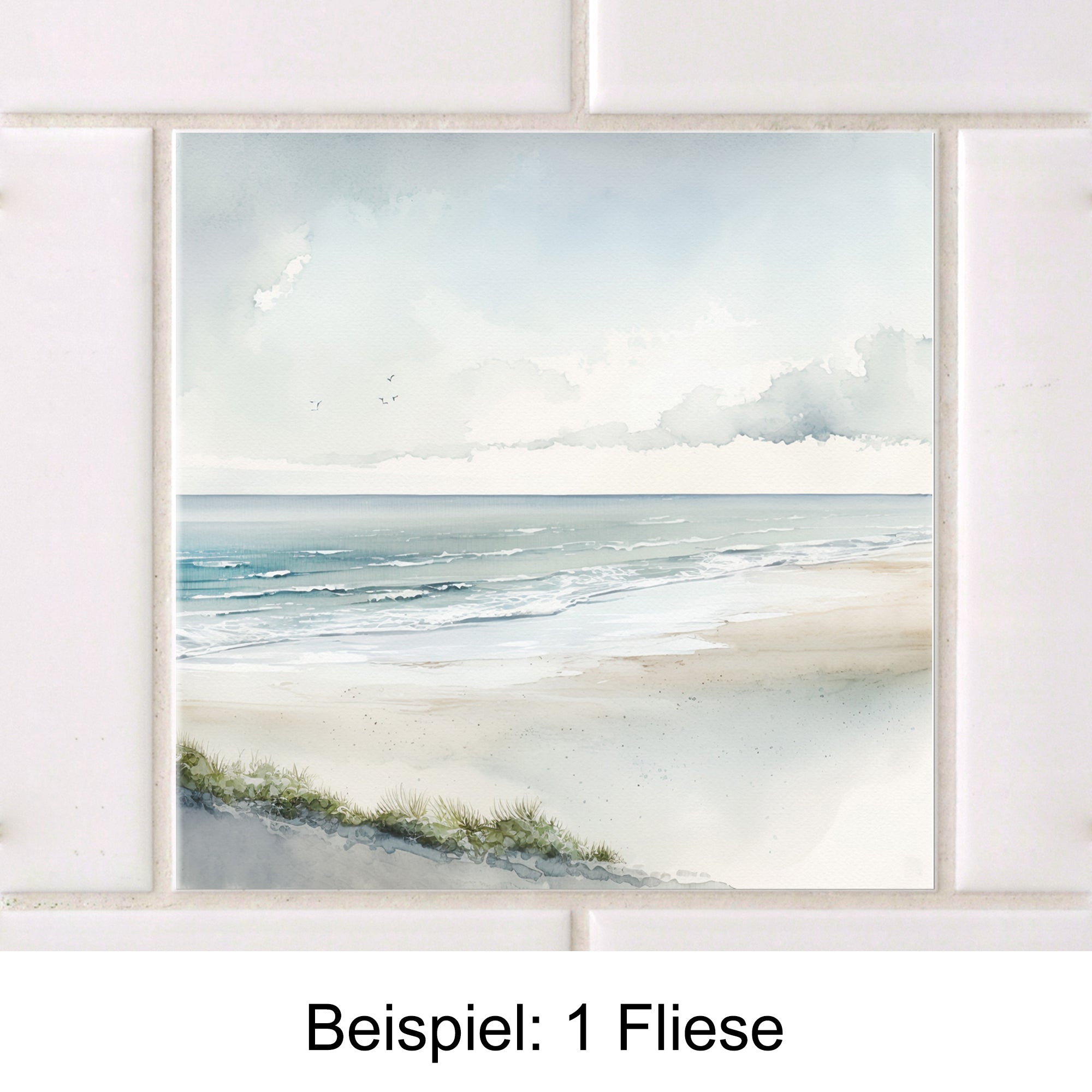 Wasserfarbengemälde eines Strandes mit sanften Wellen.