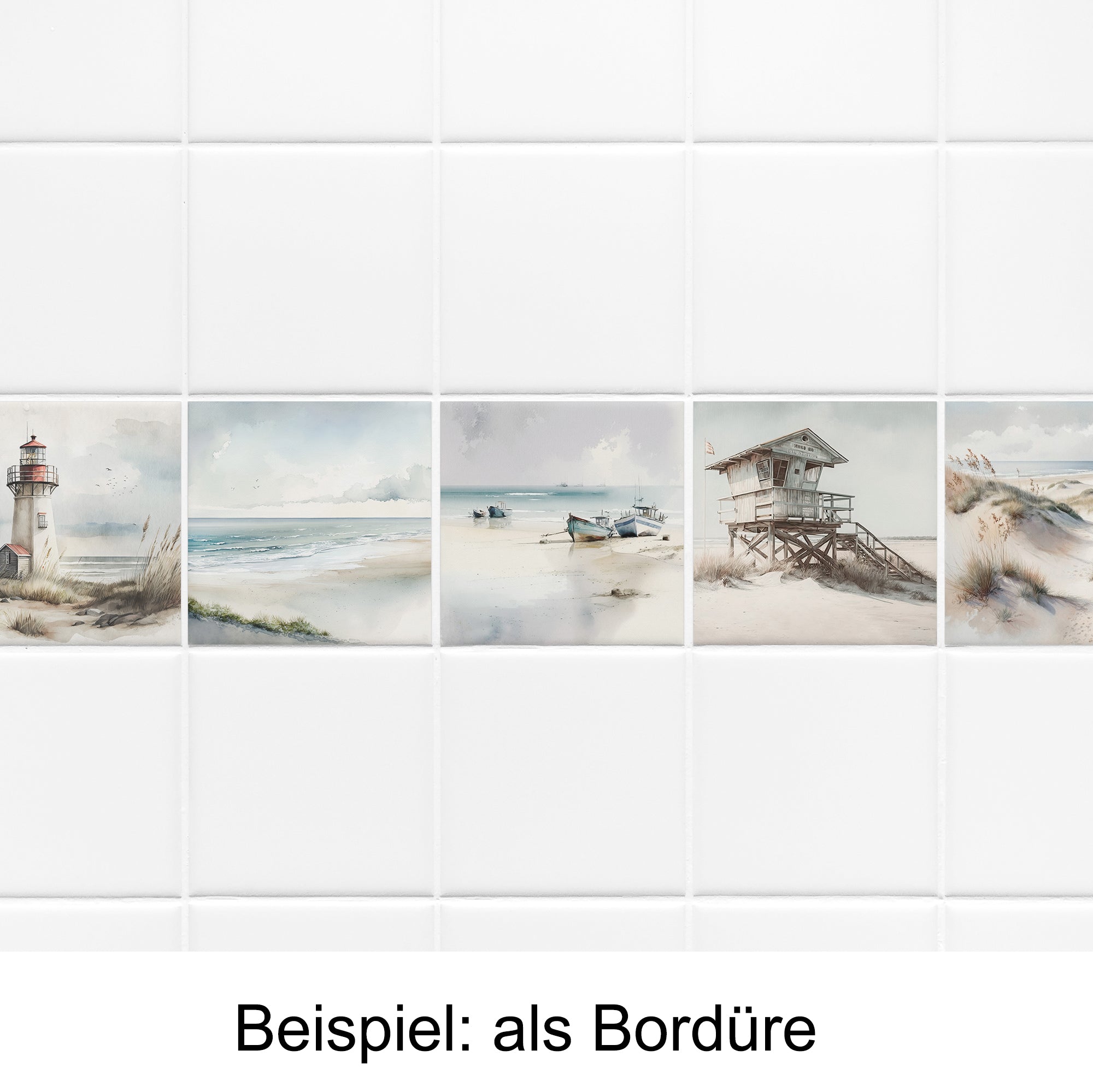 Blaue Strandlandschaft mit Leuchtturm und Booten als Bordüre.