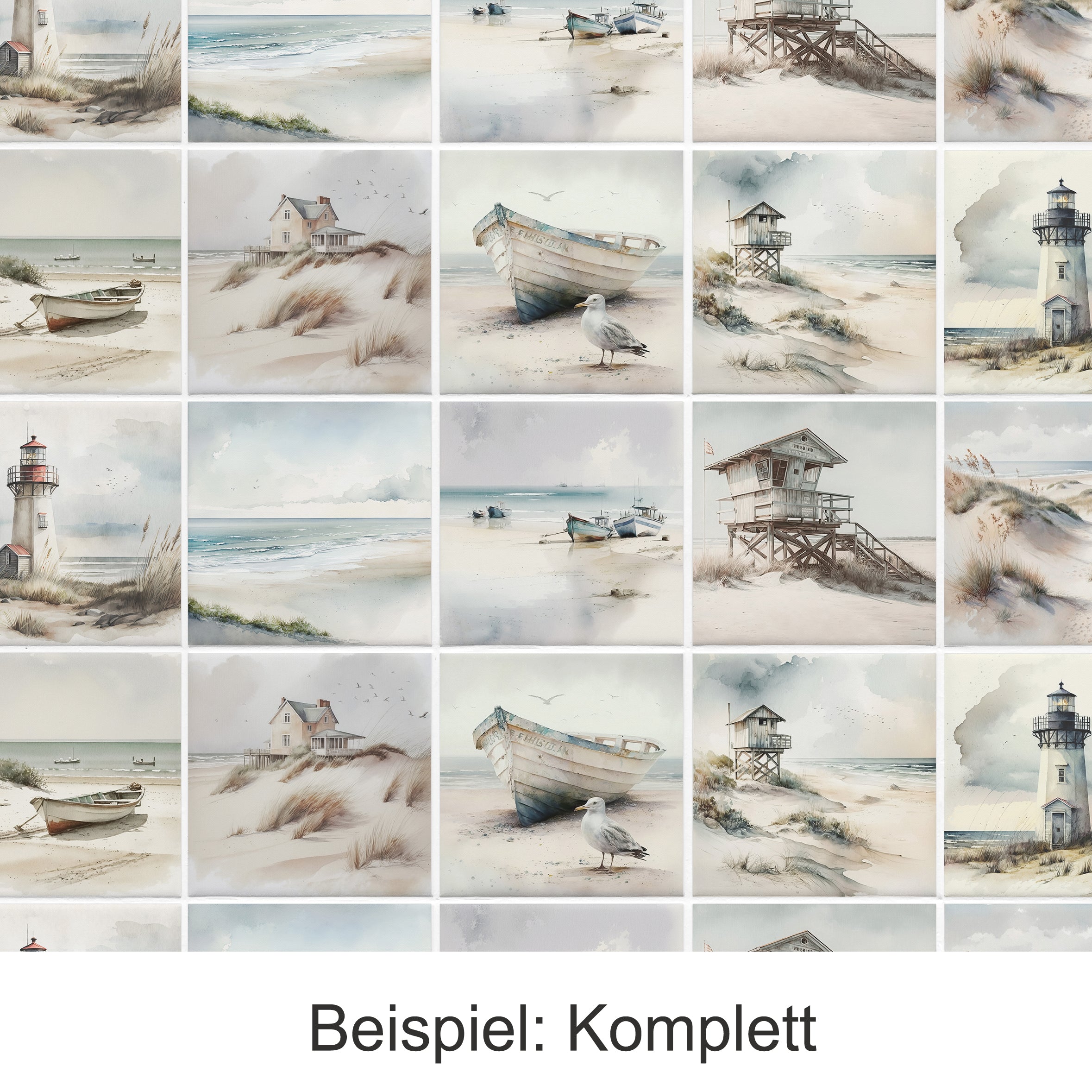 Wasserfarbentafeln mit Booten, Leuchttürmen und Strandszenen.