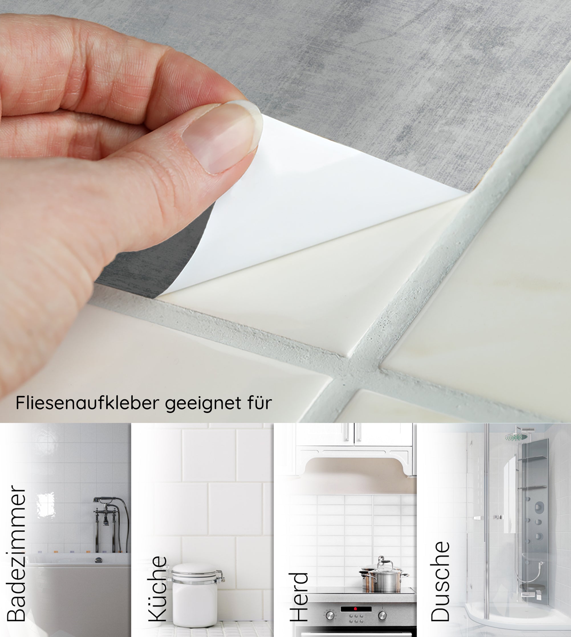 Fliesenaufkleber in Weiß, geeignet für Badezimmer und Küche.