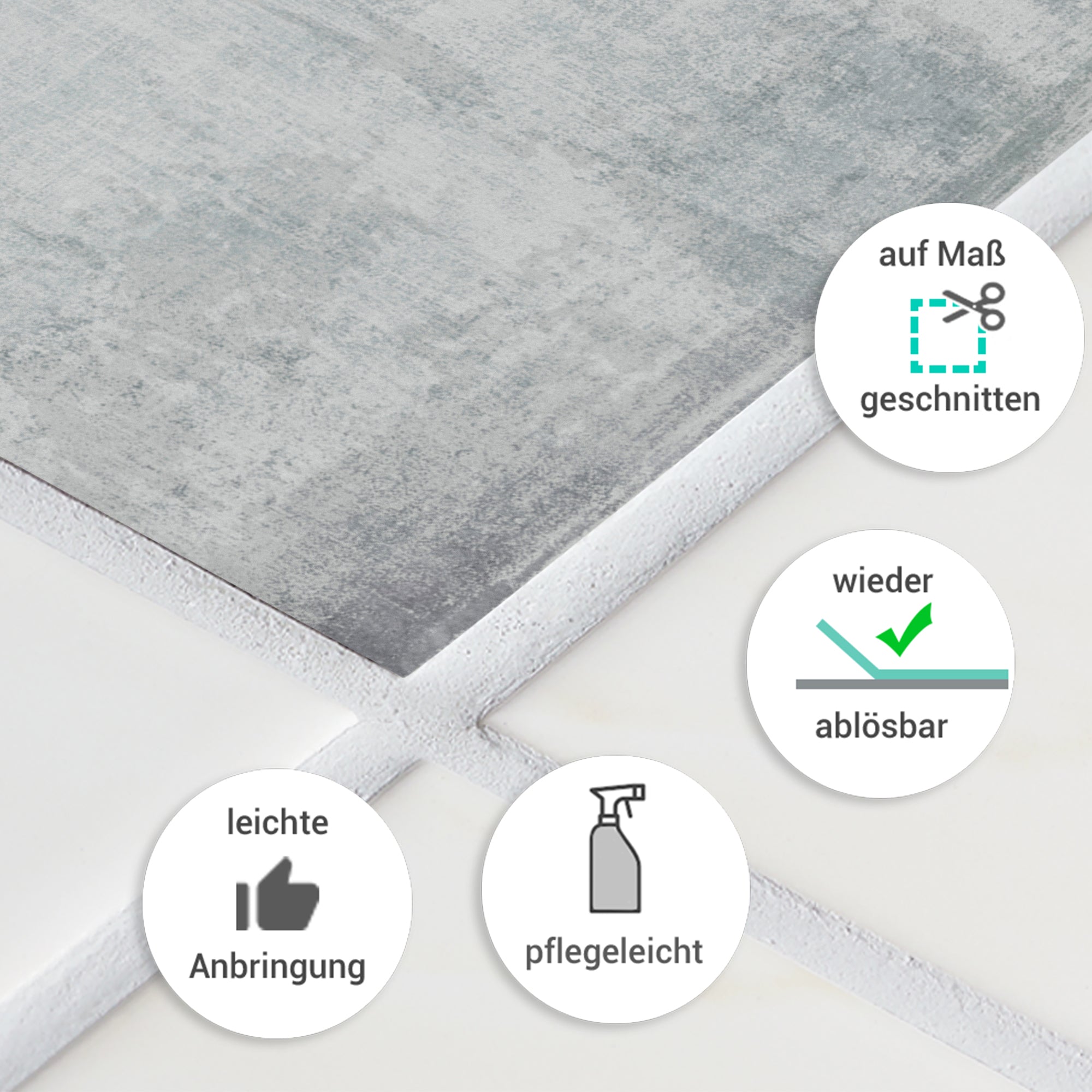 Graue, ablösbare Fliesen mit einfacher Anbringung.