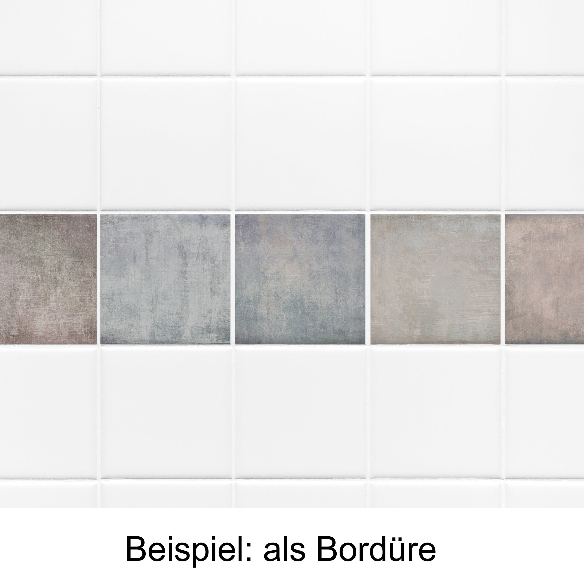 Fliesenbordüre in Grau- und Beigetönen, strukturierte Oberfläche.