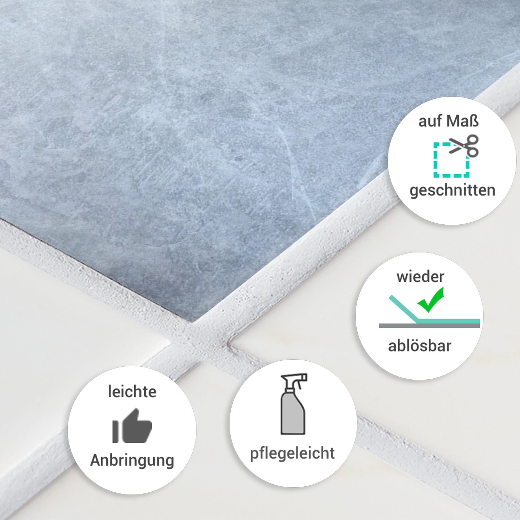 Graue, pflegeleichte, wiederablösbare Bodenplatte, auf Maß geschnitten.