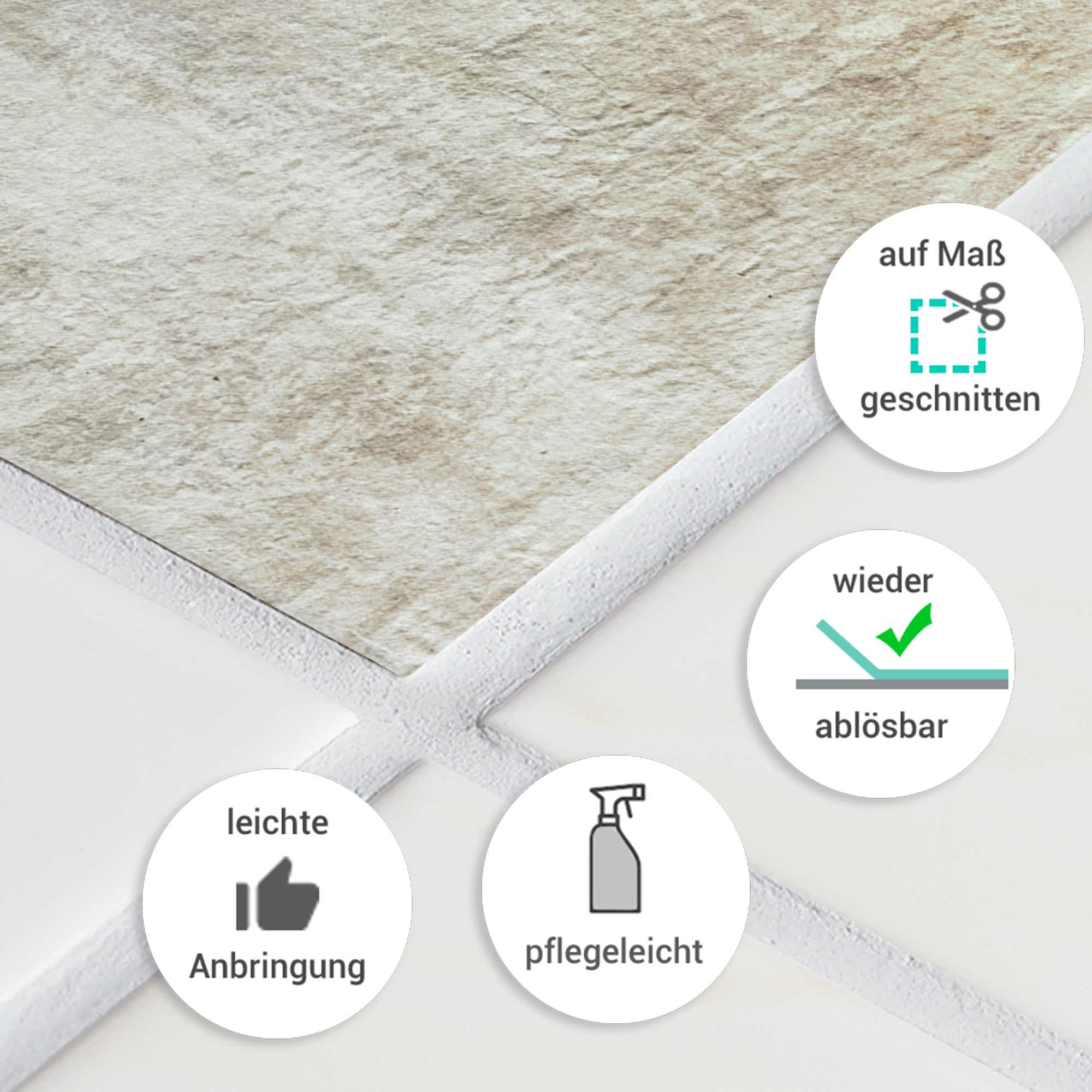 Vinylboden in Beige, leicht anbringbar und ablösbar.