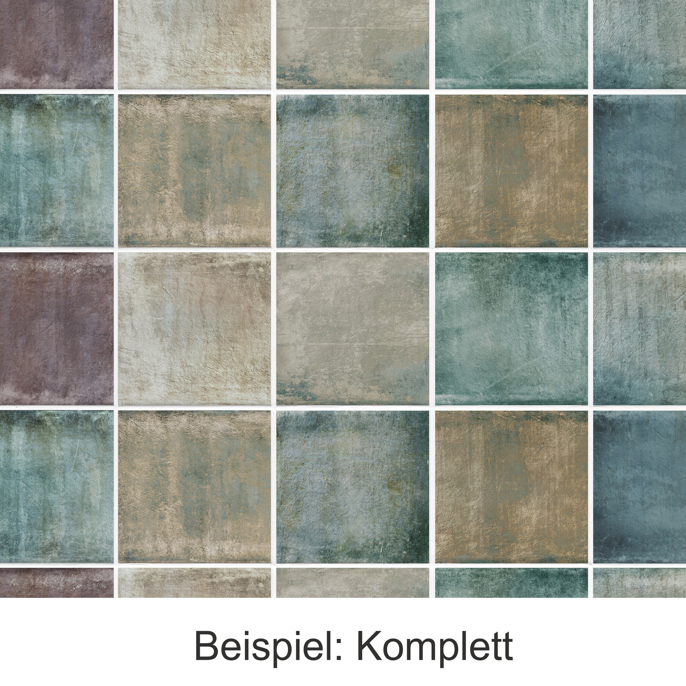 Fliesenmuster in verschiedenen Blau-, Grün- und Erdtönen.