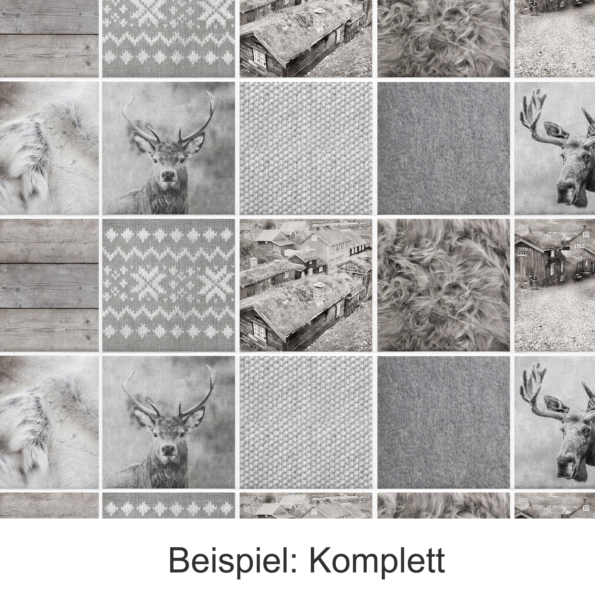 Graue Texturen, Tiermotive und rustikale Holzstrukturen.