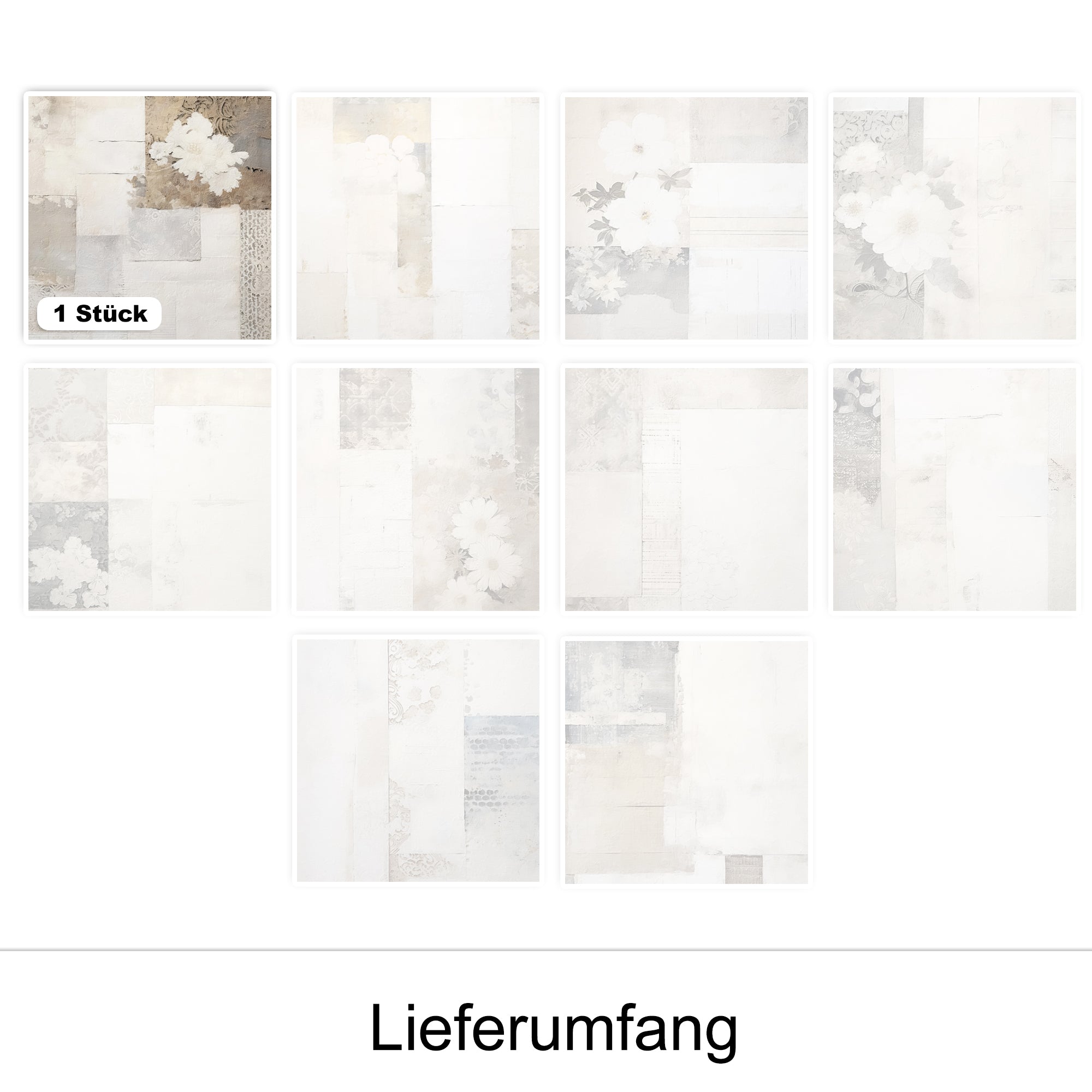 Dekorative Wandbilder in sanften Grau- und Beigetönen.