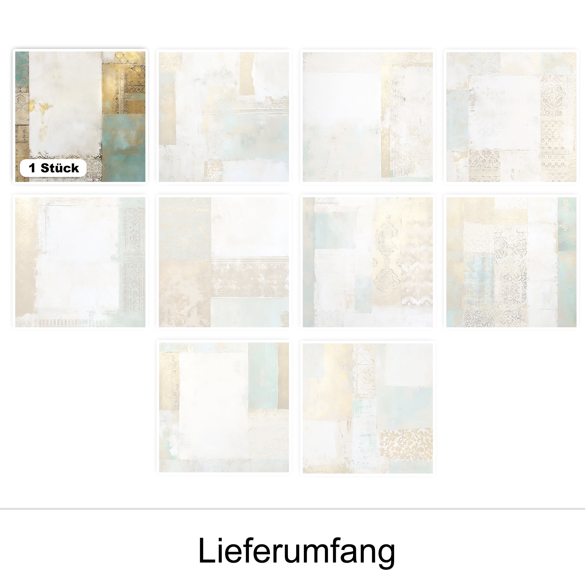 Dekorative Papiere in sanften Blau- und Goldtönen.