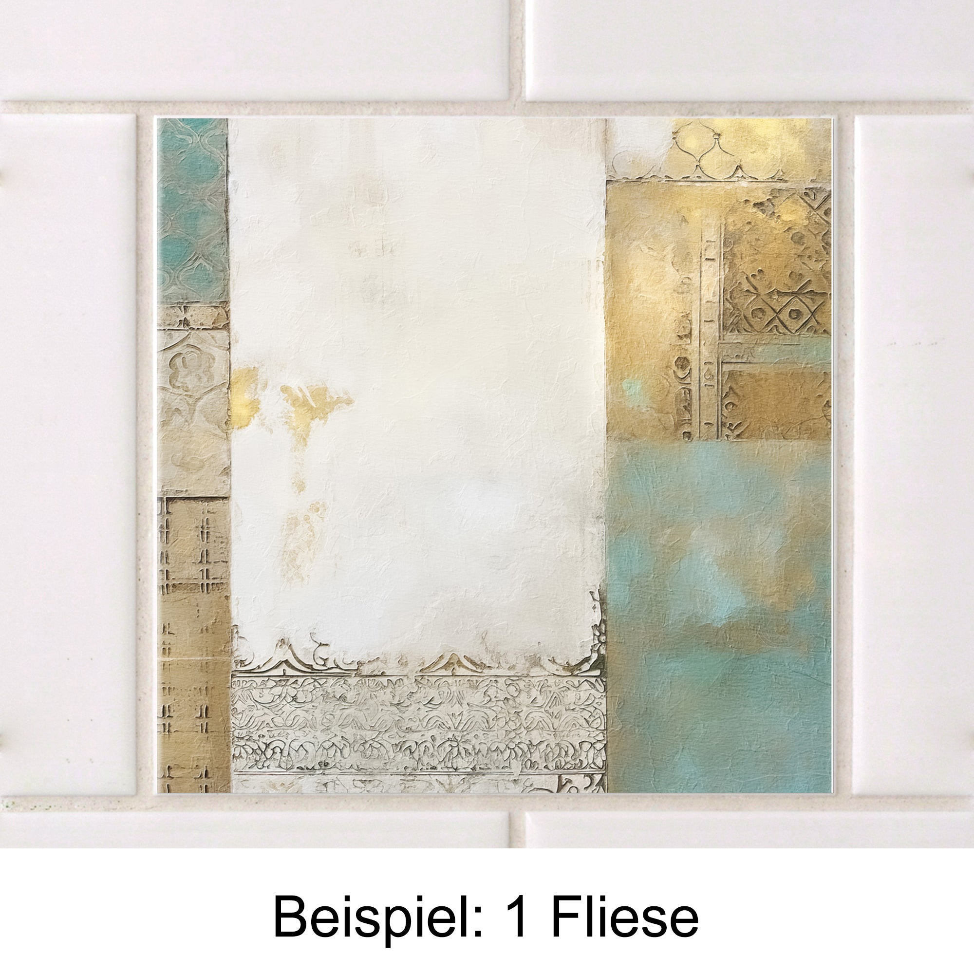Dekorative Fliese in Gold, Weiß und Türkis mit Mustern.