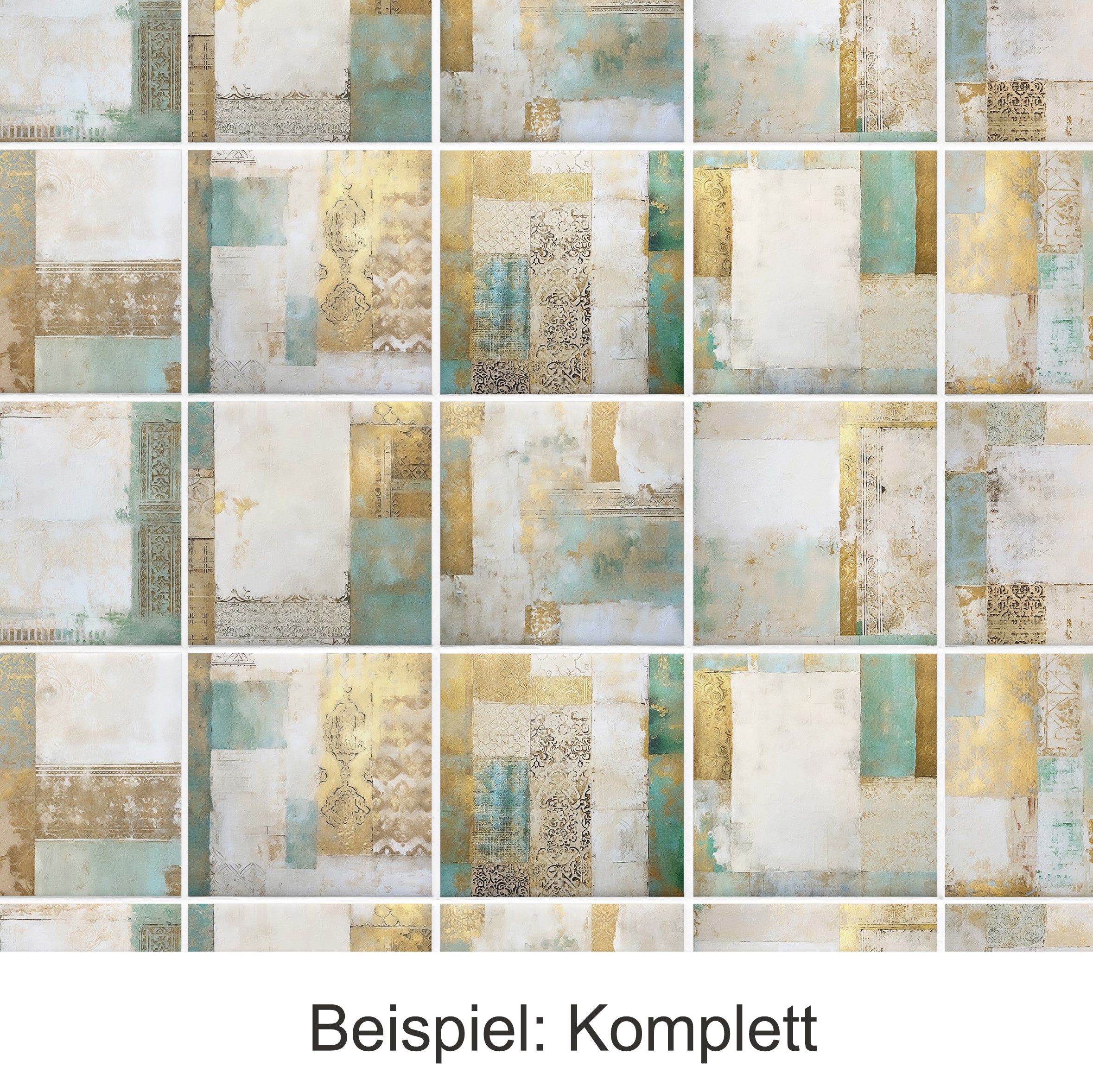 Muster aus goldenen, blauen und weißen geometrischen Formen.