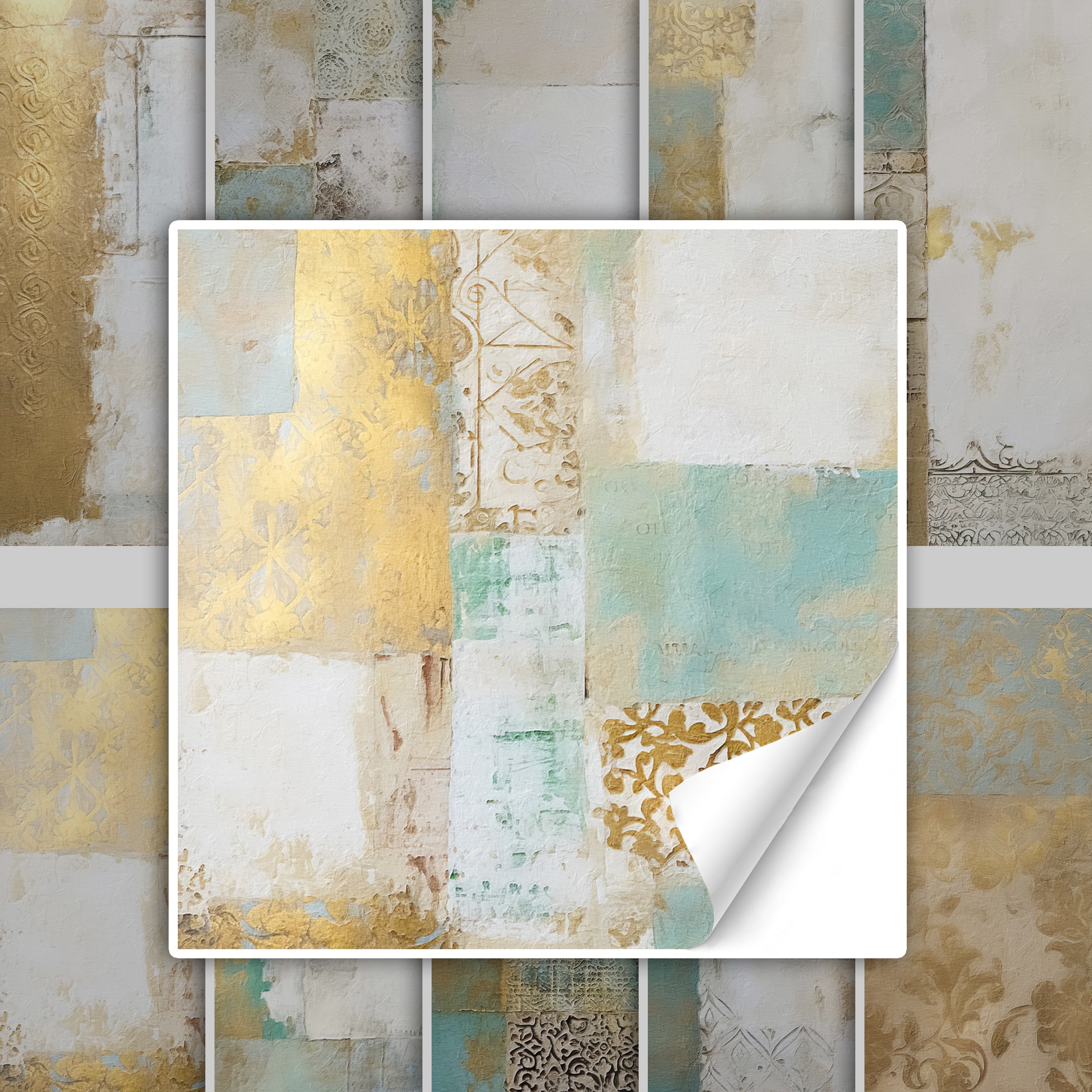 Dekorativer Wandaufkleber in Gold, Mintgrün und Weiß.