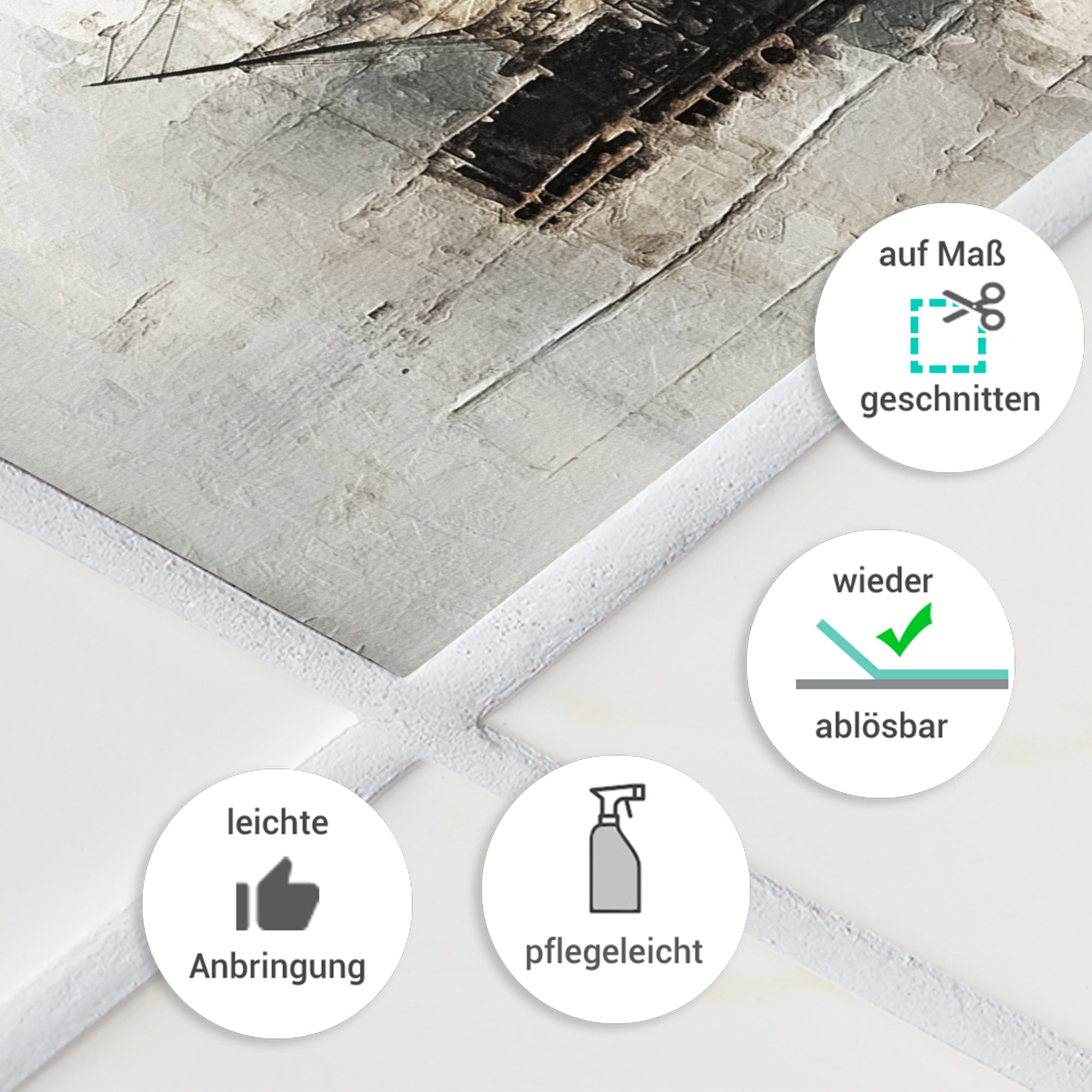 Wandbild in neutralen Farben, pflegeleicht und wiederablösbar.