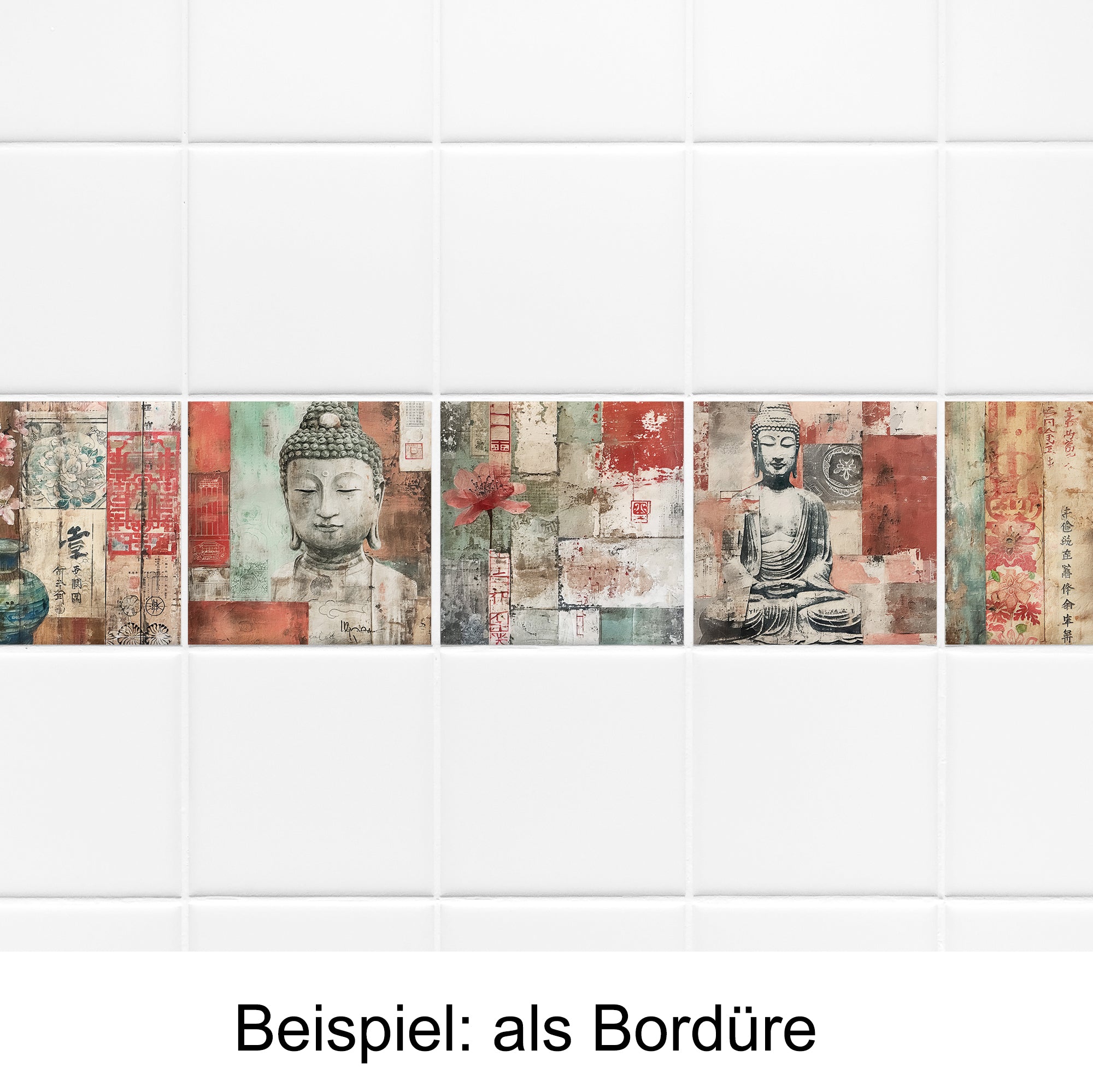 Bunte Fliesenbordüre mit Buddha-Motiven und asiatischen Schriftzeichen.