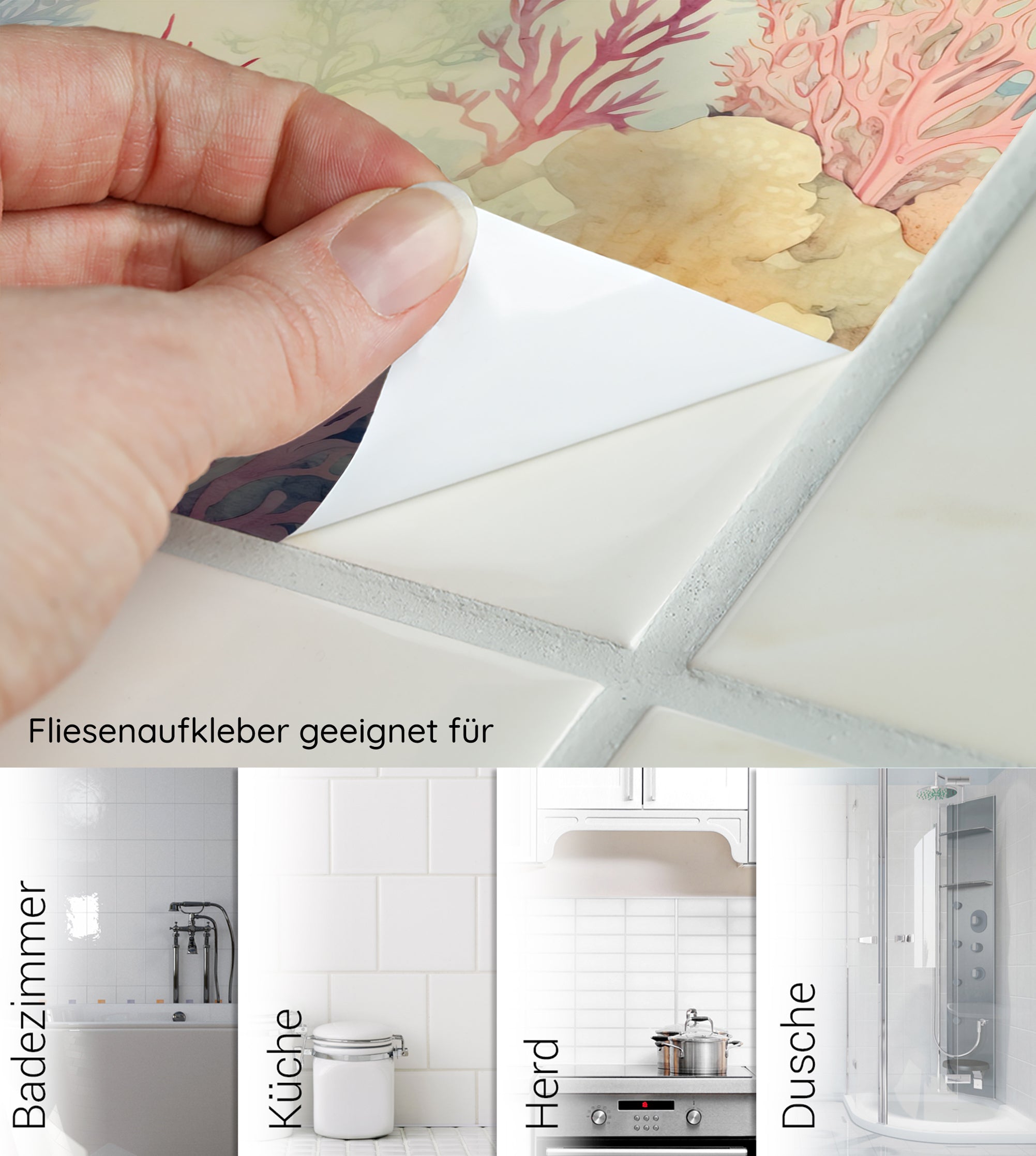 Fliesenaufkleber mit Korallenmotiv für Badezimmer, Küche und Dusche.