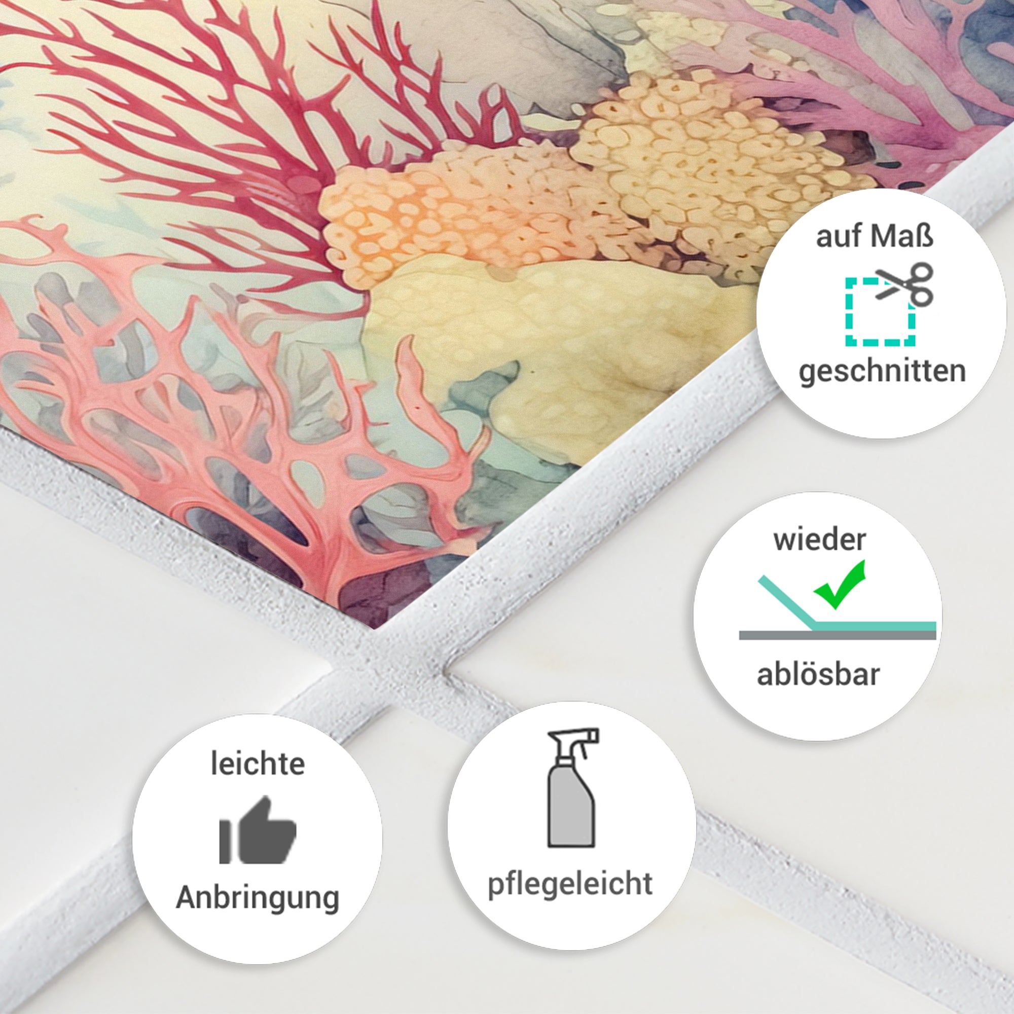 Bunte Korallenmuster, pflegeleicht und wiederablösbar.