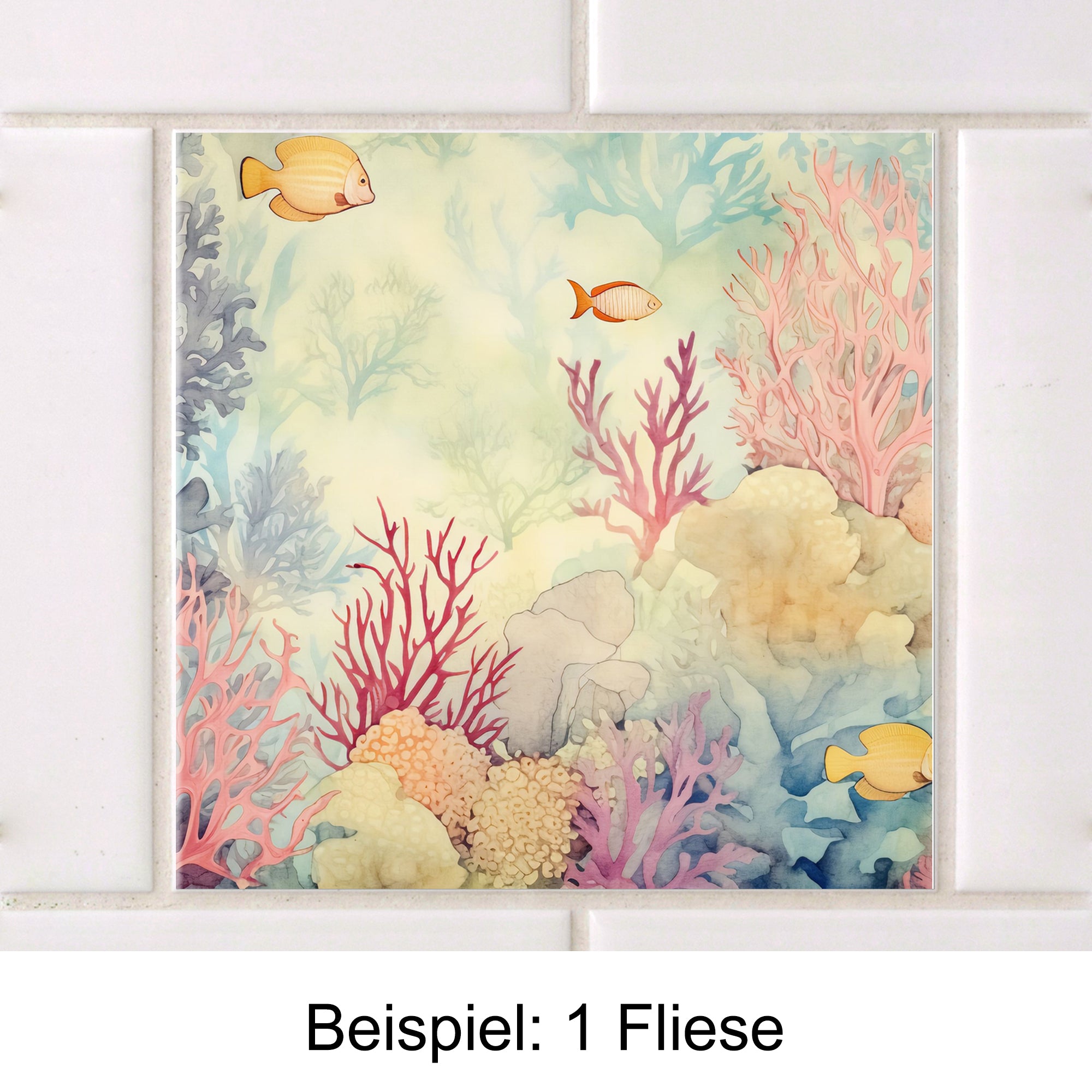 Bunte Fliese mit Korallen und Fischen in Pastellfarben.
