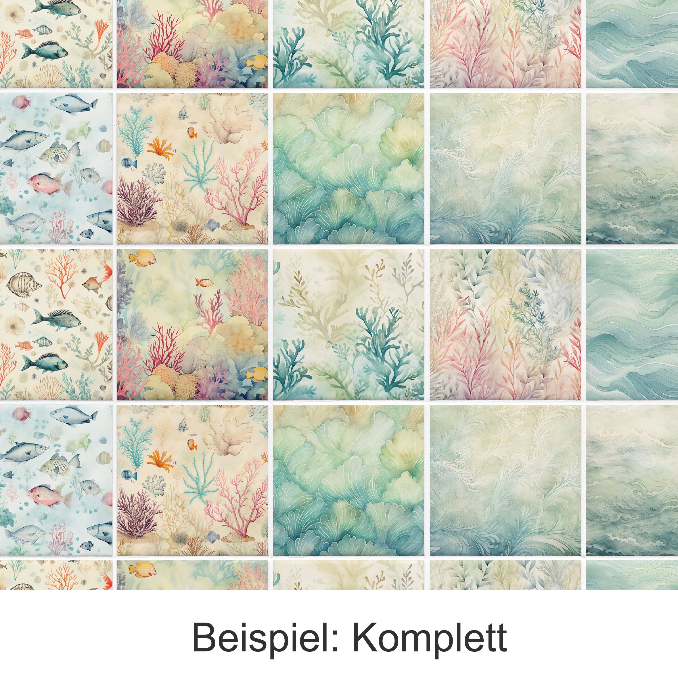 Unterwasserwelt mit Fischen, Korallen und sanften Wellen.