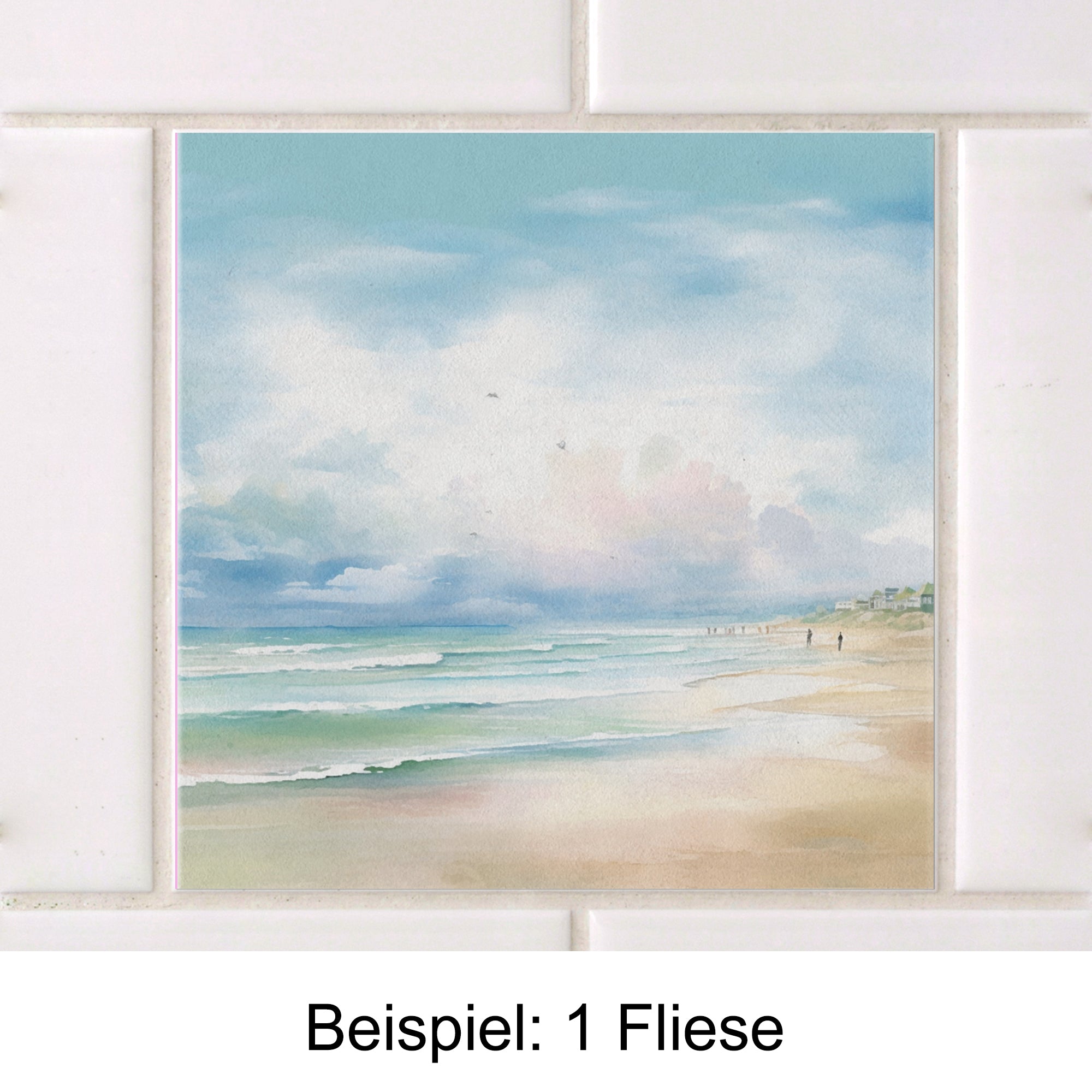 Fliese mit maritimem Motiv, sanfte Blau- und Beigetöne.