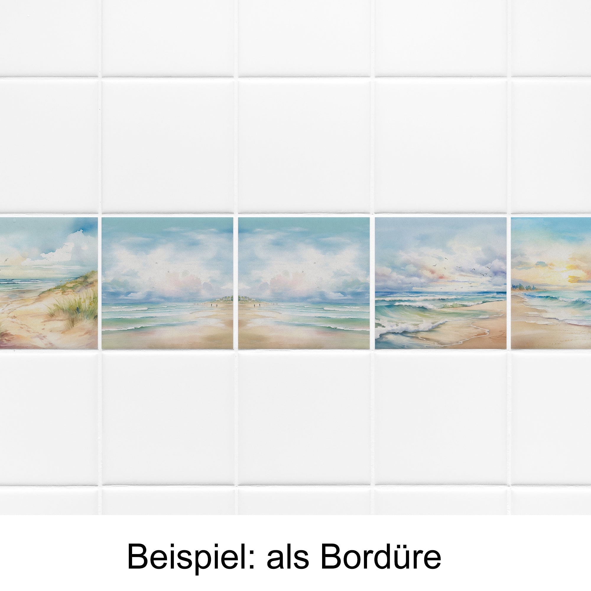 Fliesenbordüre mit maritimem Landschaftsmotiv in sanften Farben.