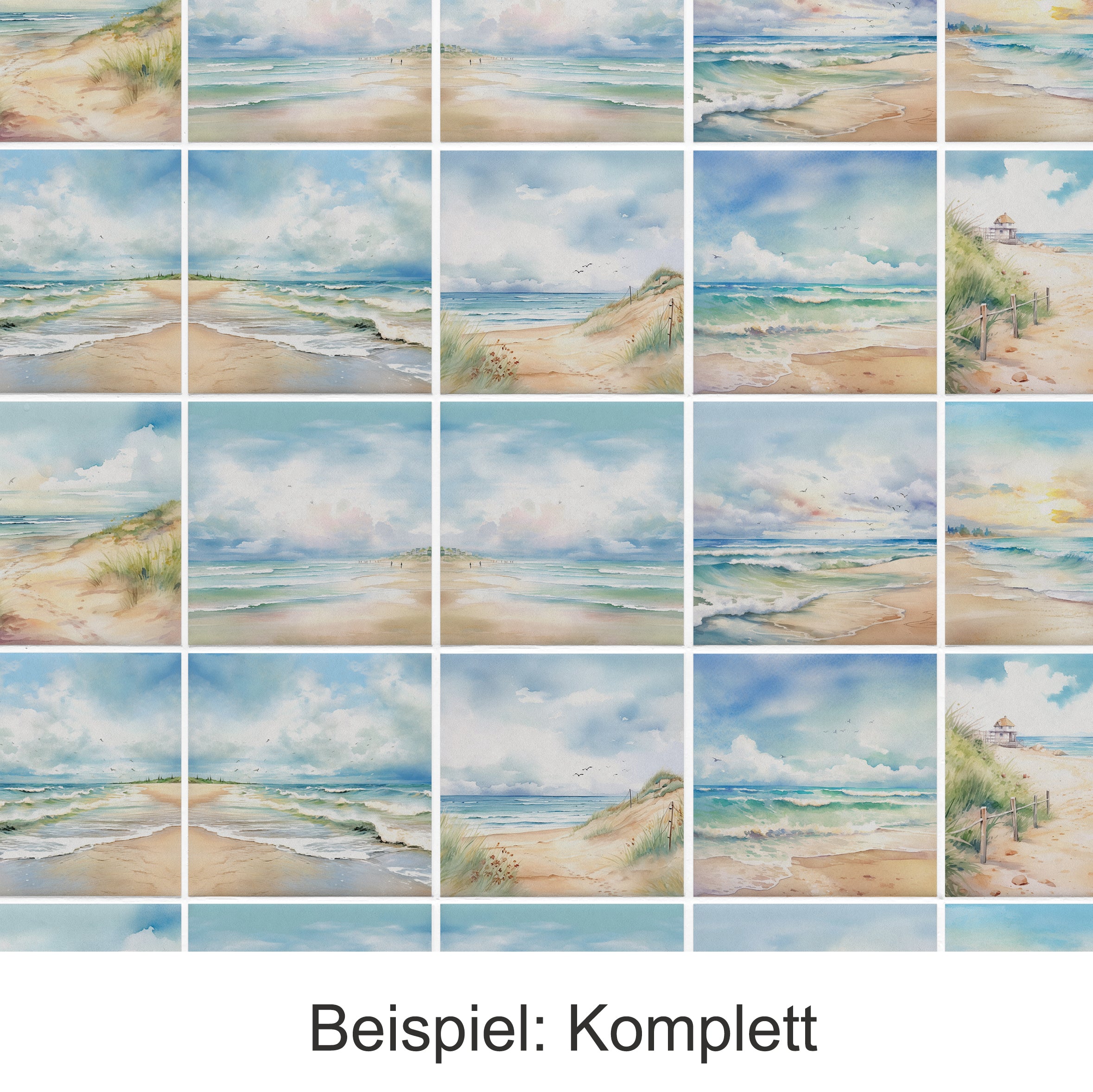 Aquarellbilder von Stränden mit Himmel und Meer.