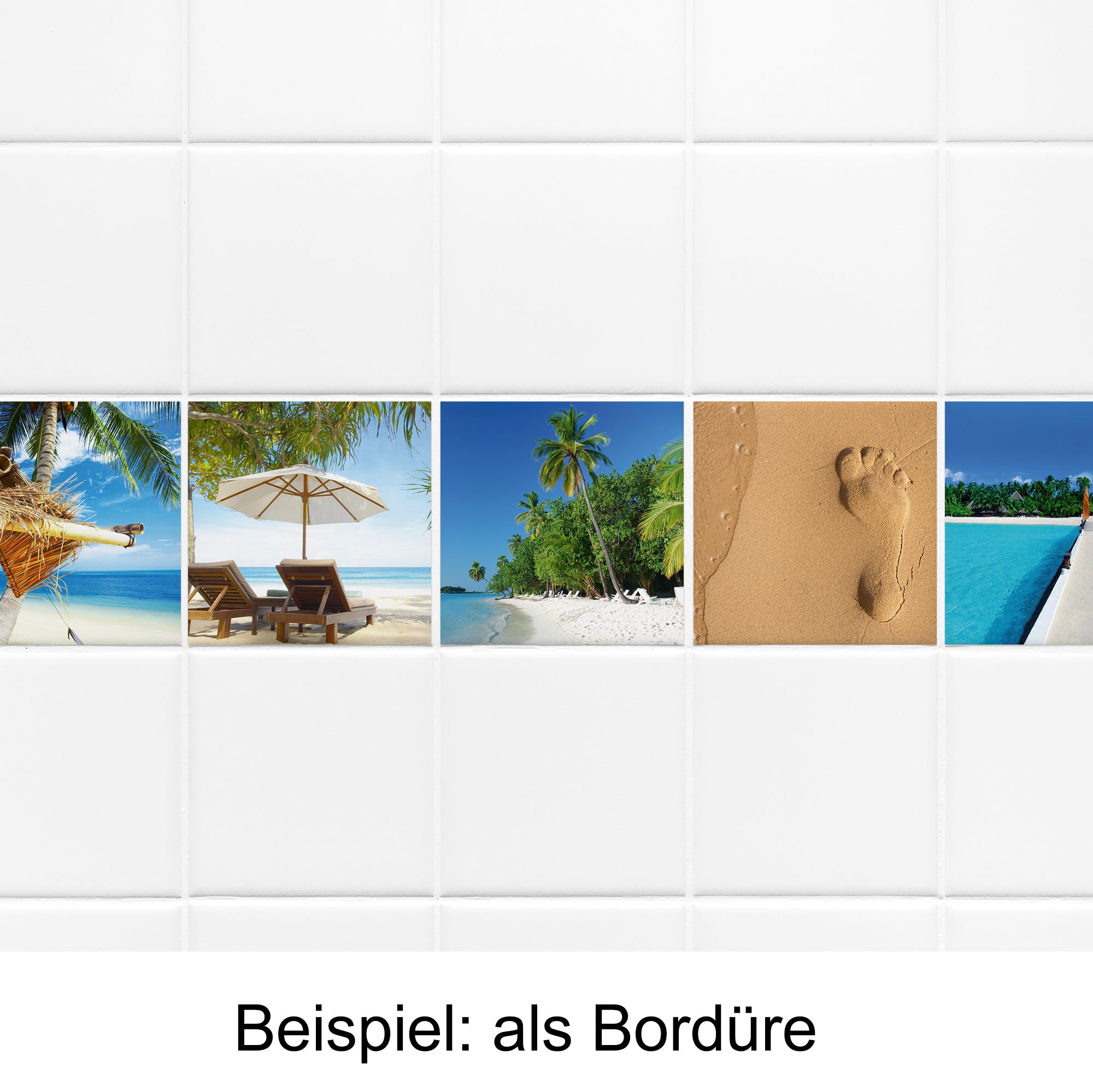 Bunte Strandmotive als dekorative Fliesenbordüre.