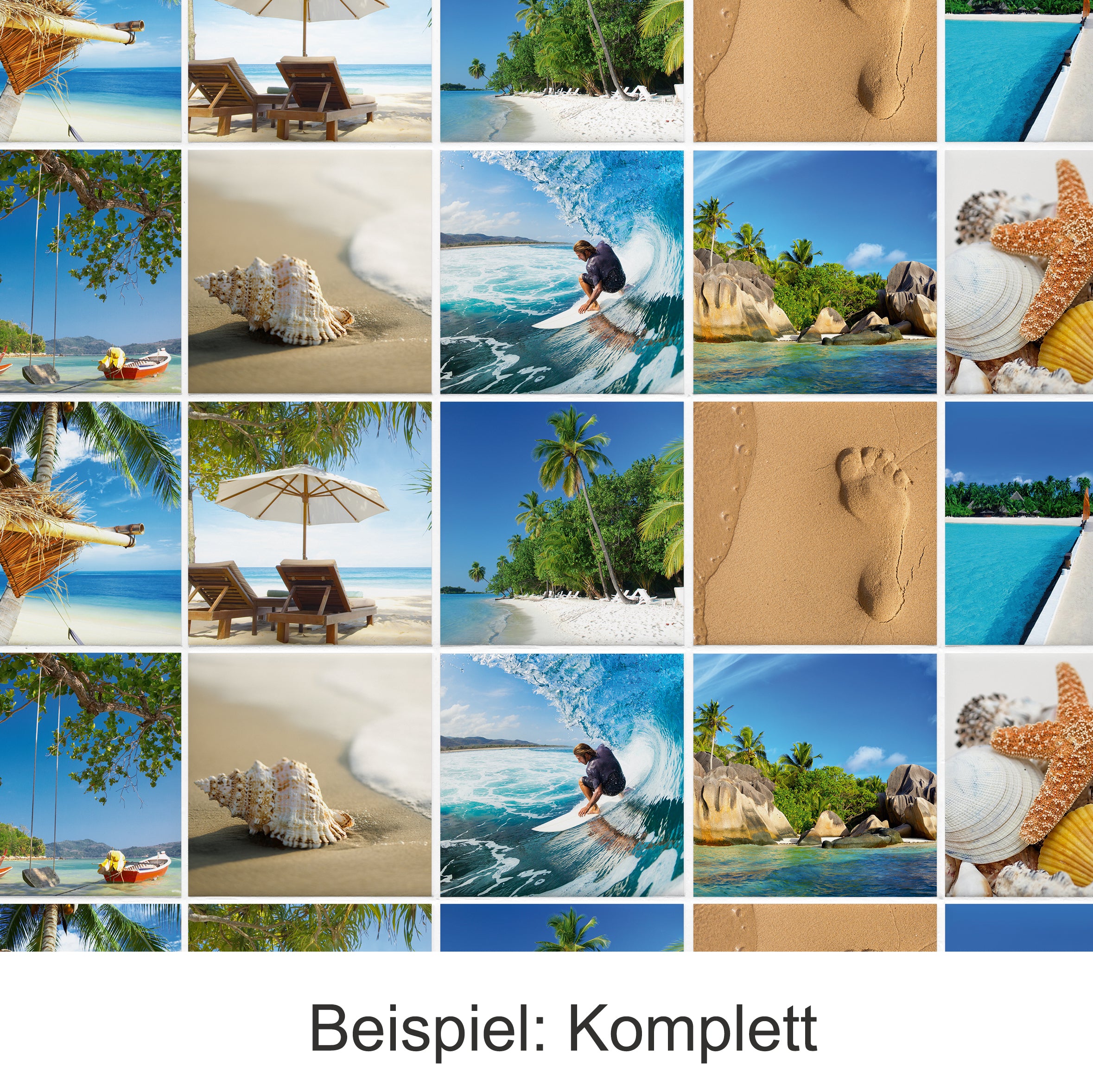 Strand, Palmen, Surfer, Muscheln, Sonnenliege, Fußabdrücke, türkisfarbenes Wasser