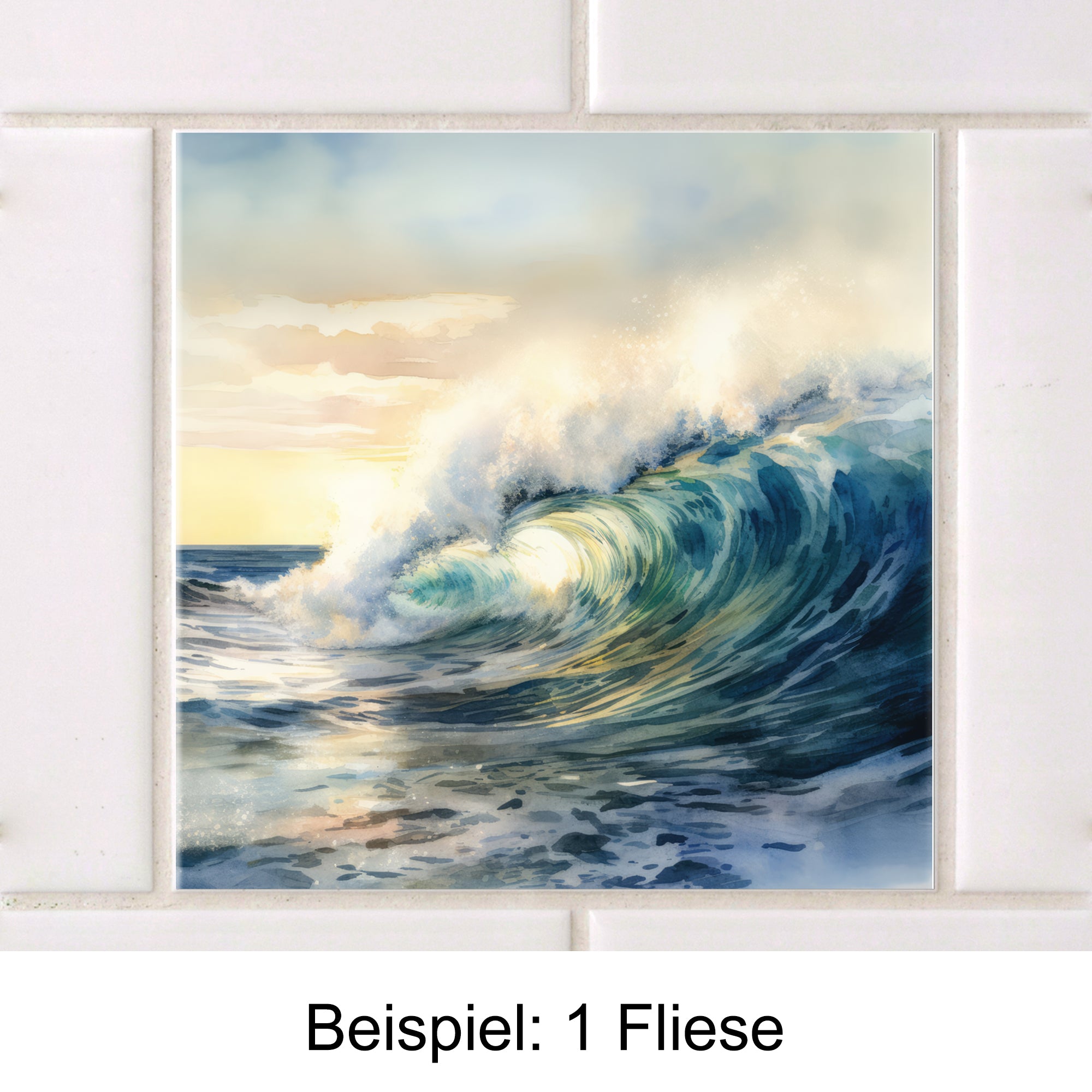 Wellenfliese in Blau- und Grüntönen mit Sonnenuntergang.