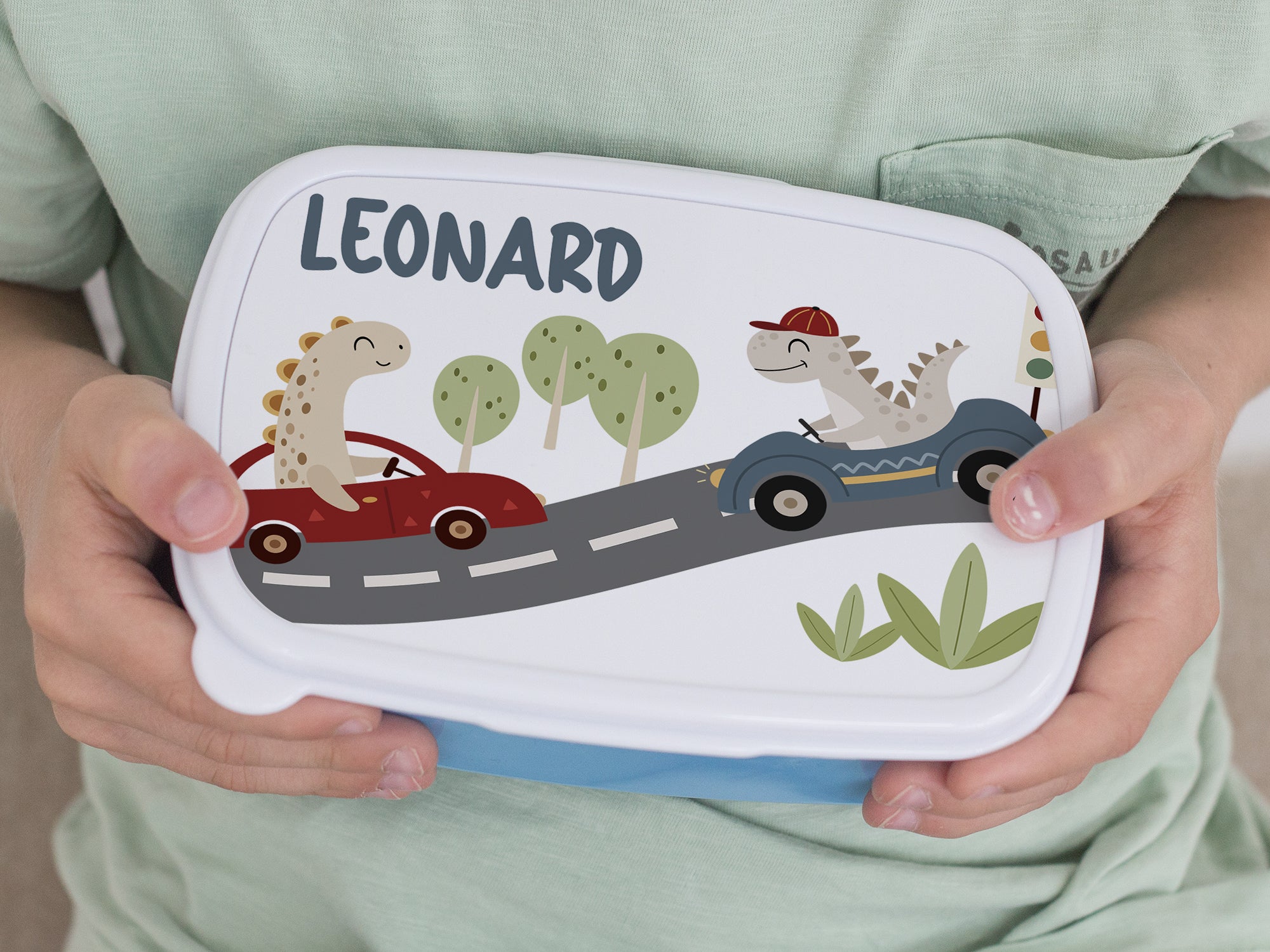 Brotdose blau mit Dinosauriern