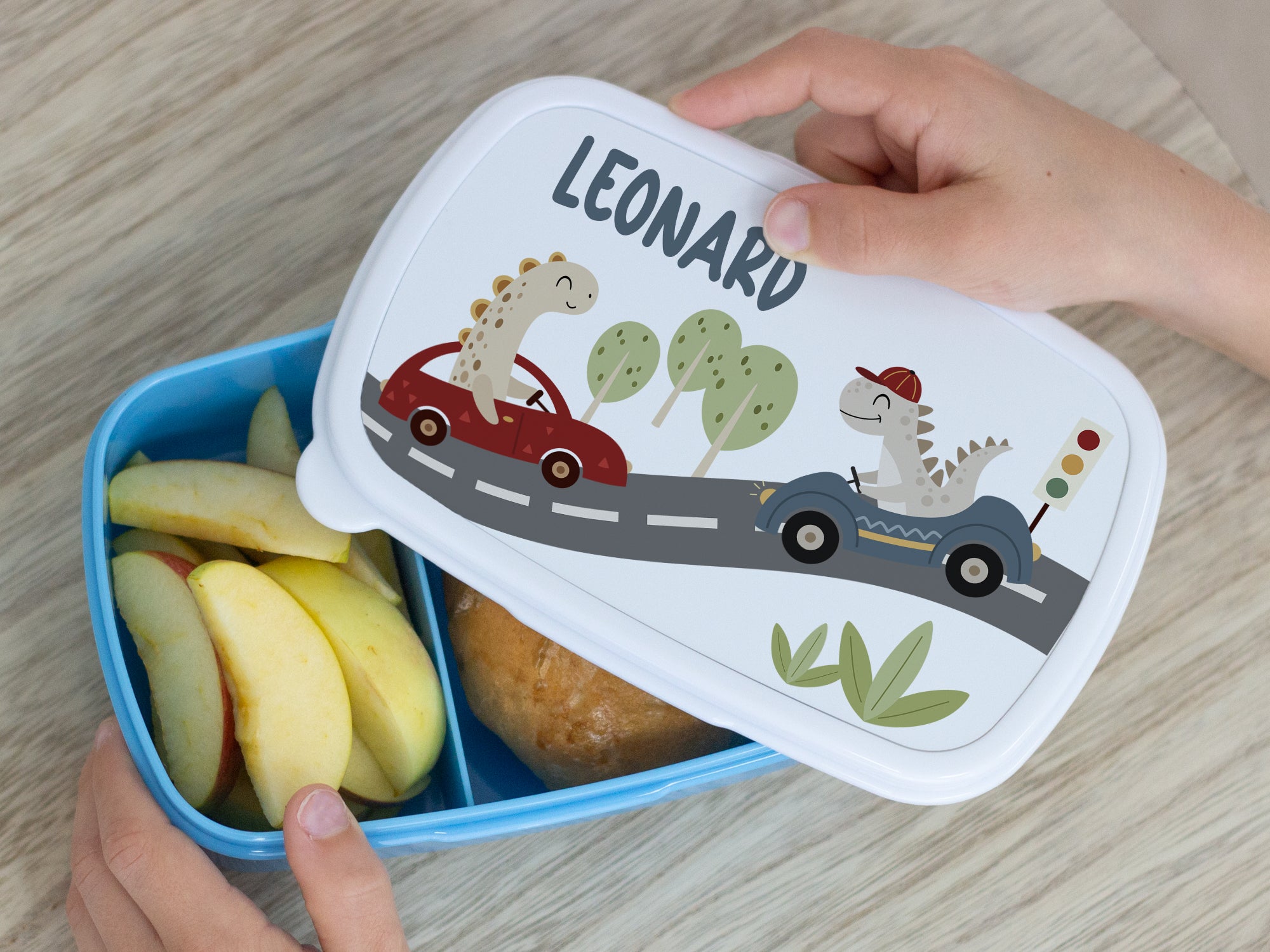 Brotdose blau mit Dinosauriern