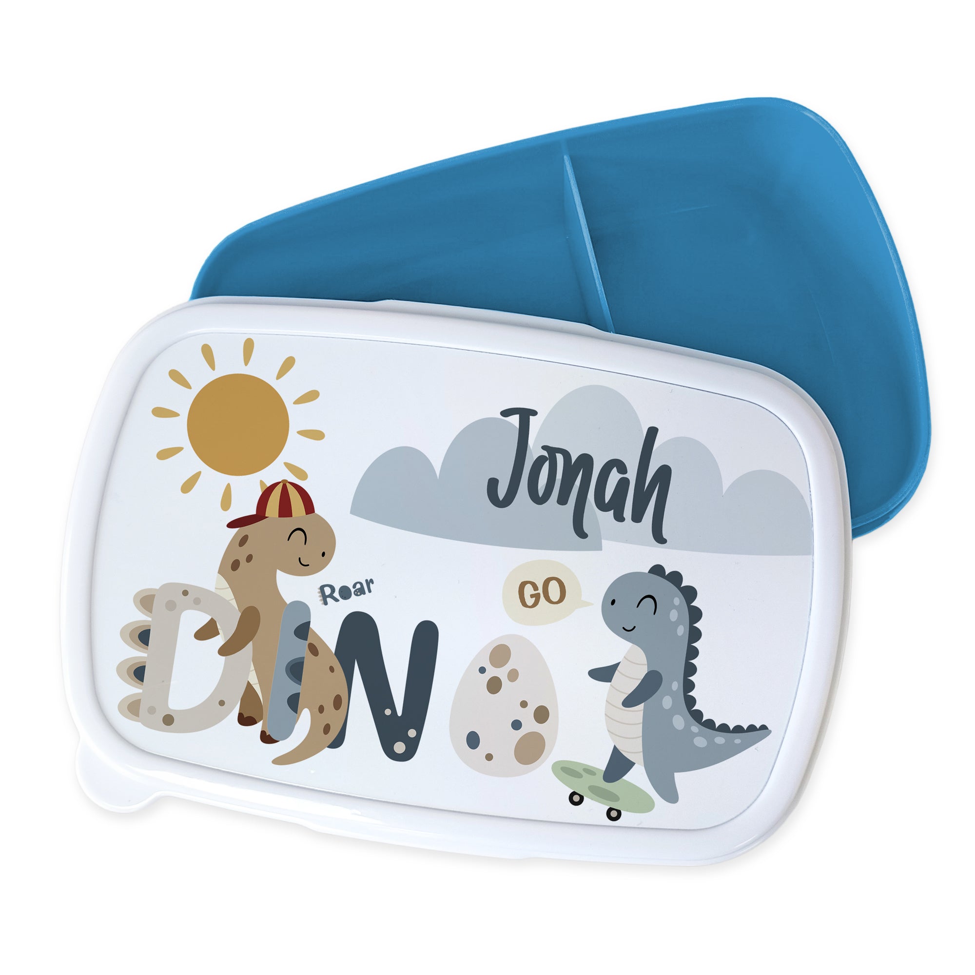 Brotdose blau mit Dinosaurier-Motiv