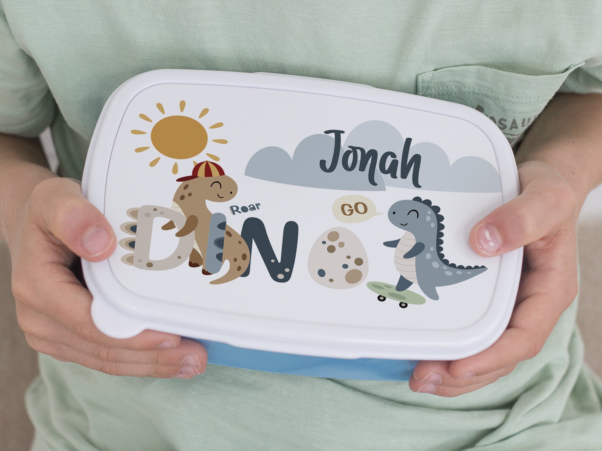 Brotdose blau mit Dinosaurier-Motiv