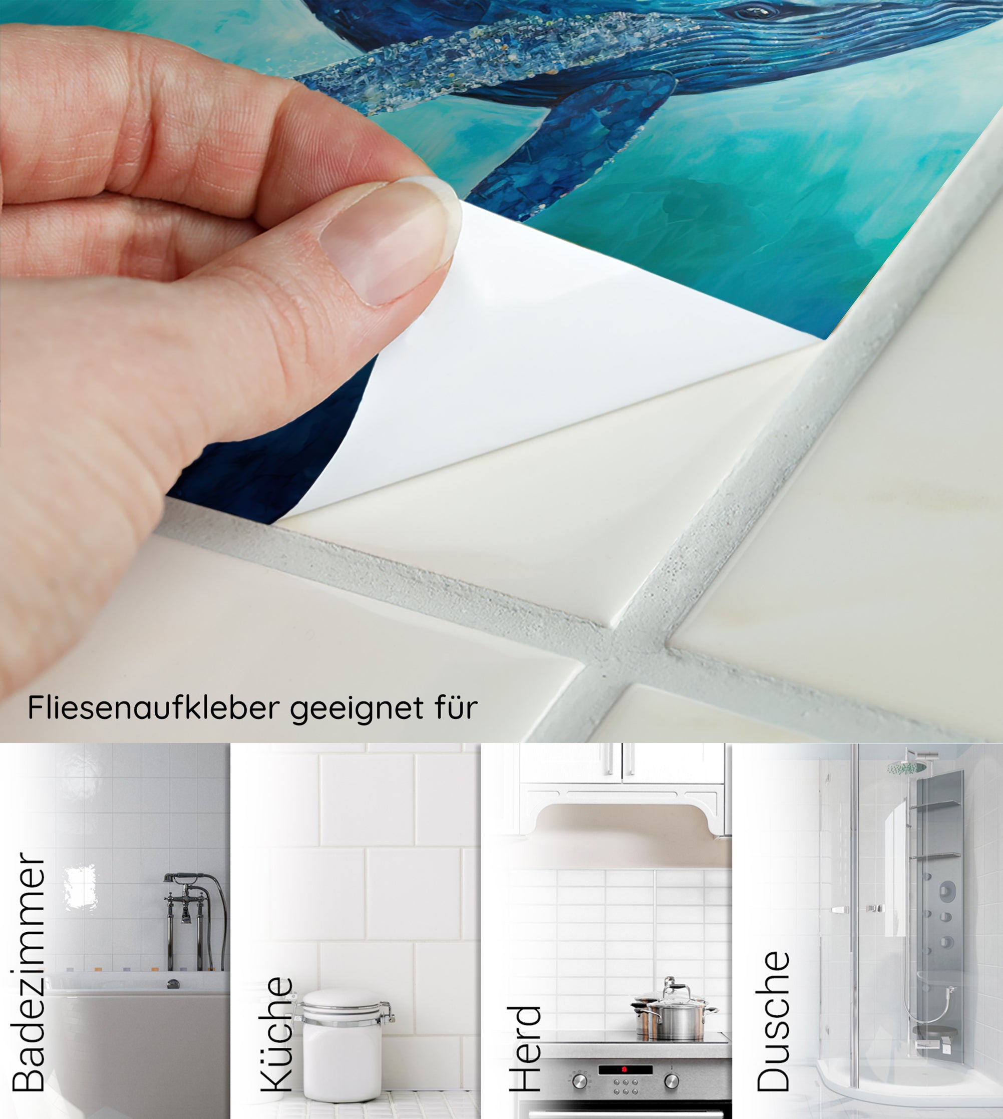 Fliesenaufkleber mit Waldesign in Blau und Türkis.