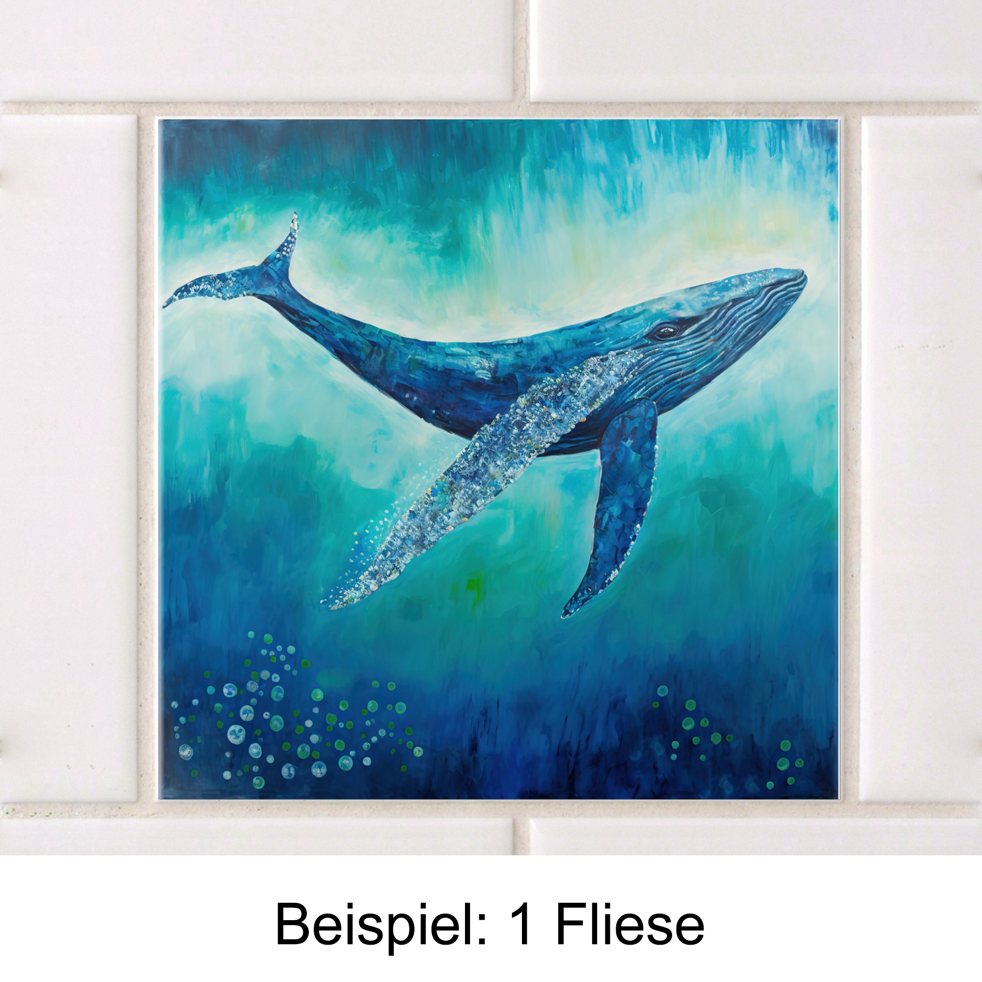 Blauwal auf Fliese, aquatische Farben und Details.