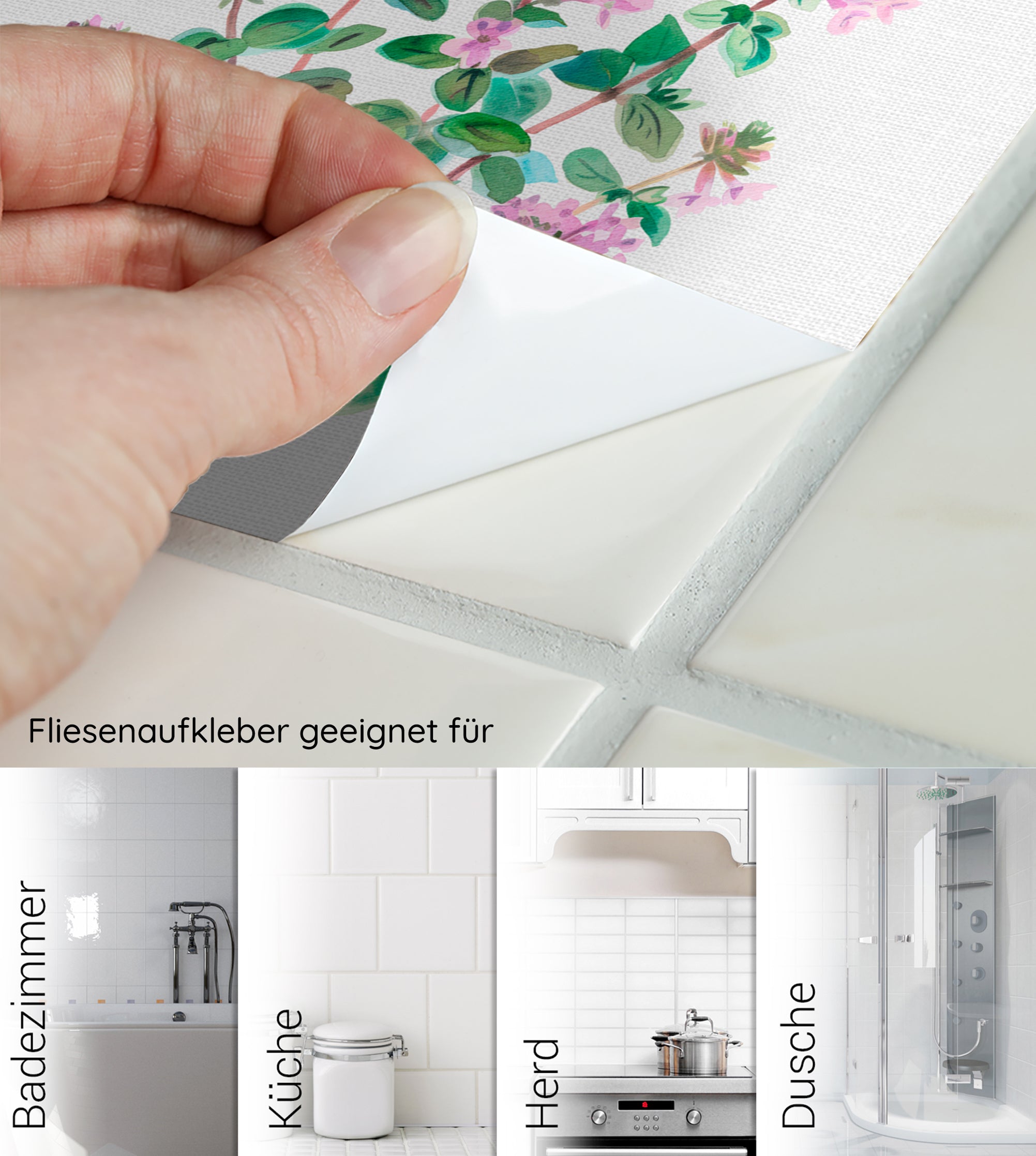 Fliesenaufkleber mit floralem Design für Badezimmer und Küche.