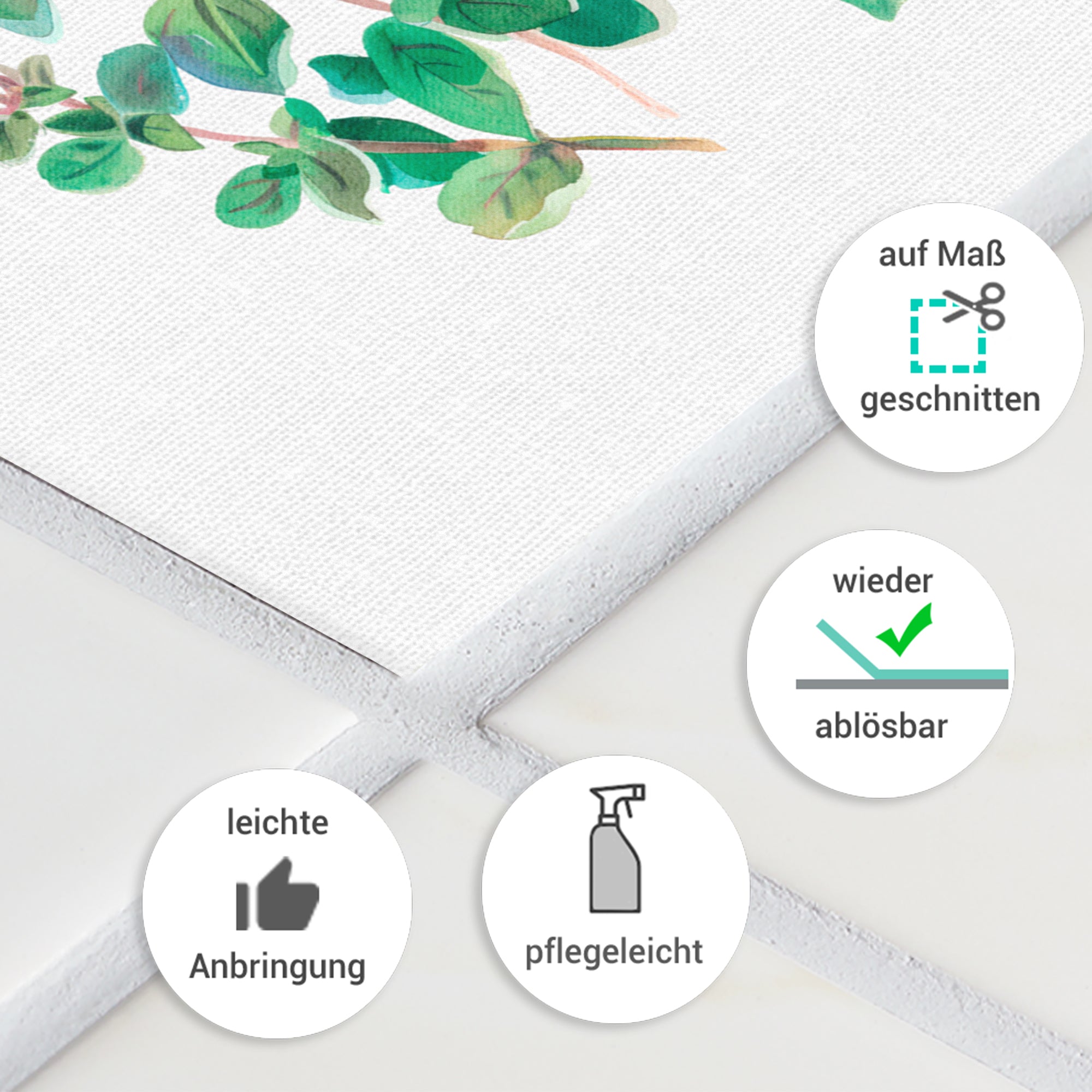 Grünes Blattdesign auf weißem Hintergrund, pflegeleicht und ablösbar.