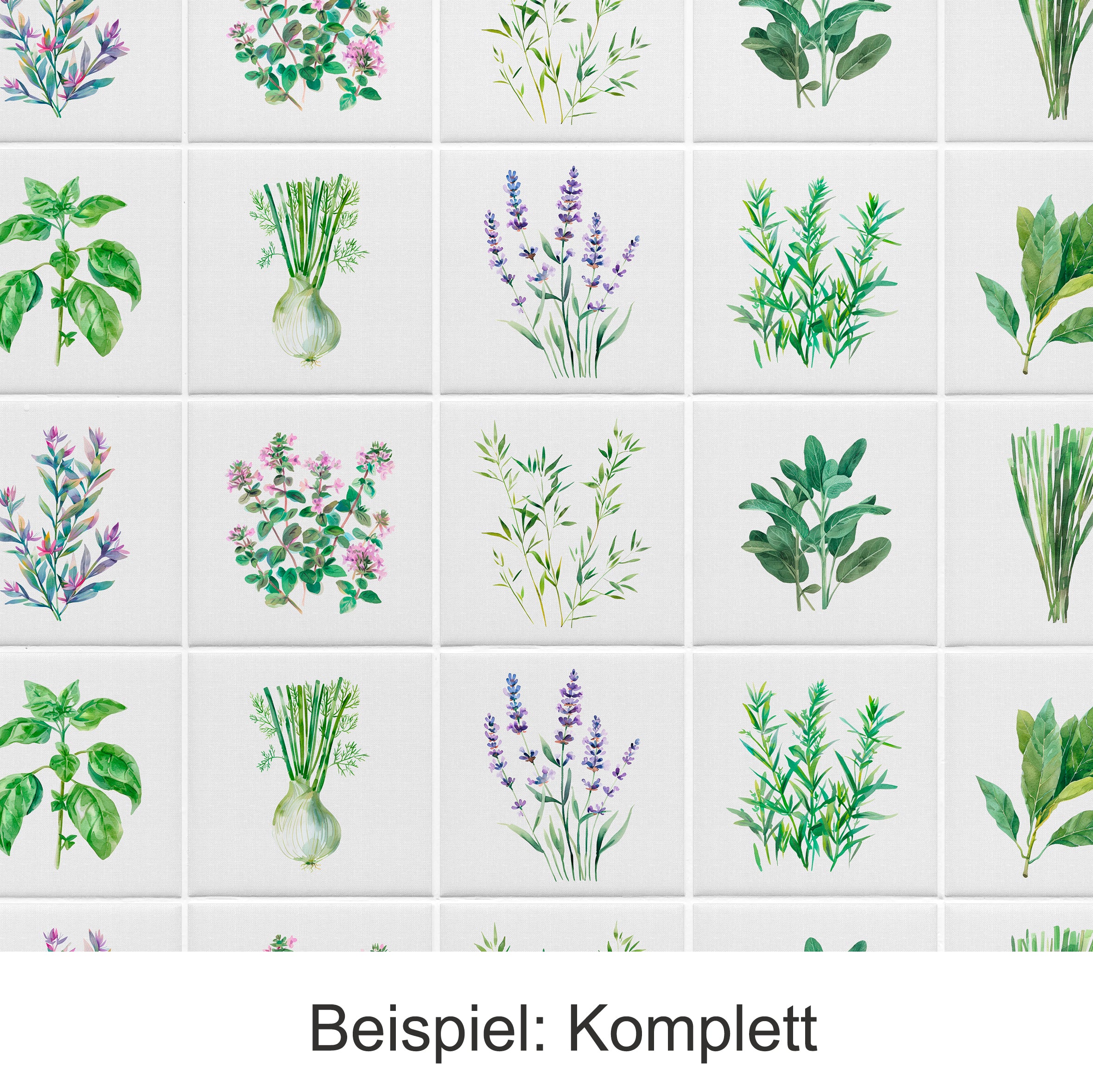Kacheln mit verschiedenen Kräutern in Grün- und Lilatönen.