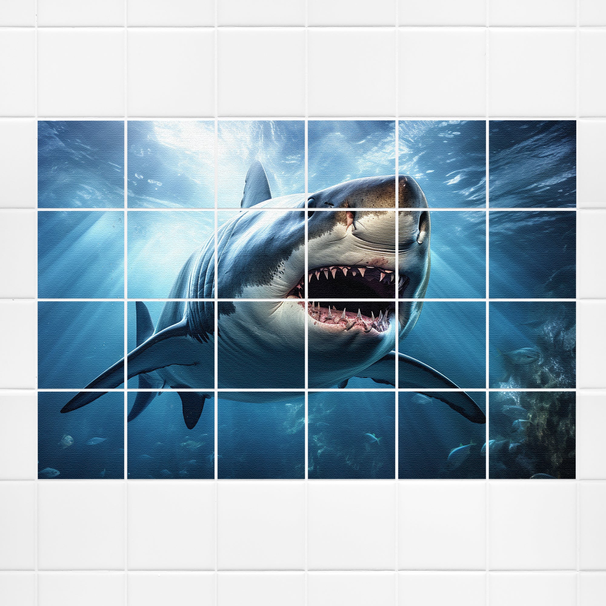 Großer weißer Hai im Wasser, beeindruckende Details und Farben.