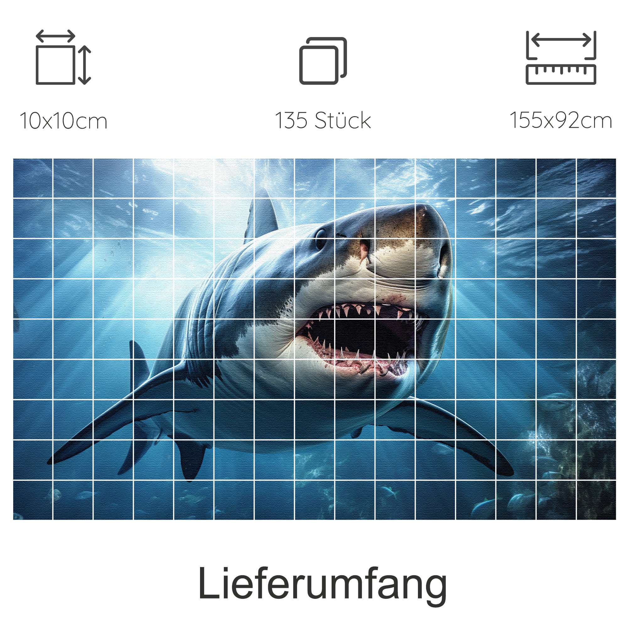 Großer weißer Hai unter Wasser, lebendige Farben, 135 Teile.