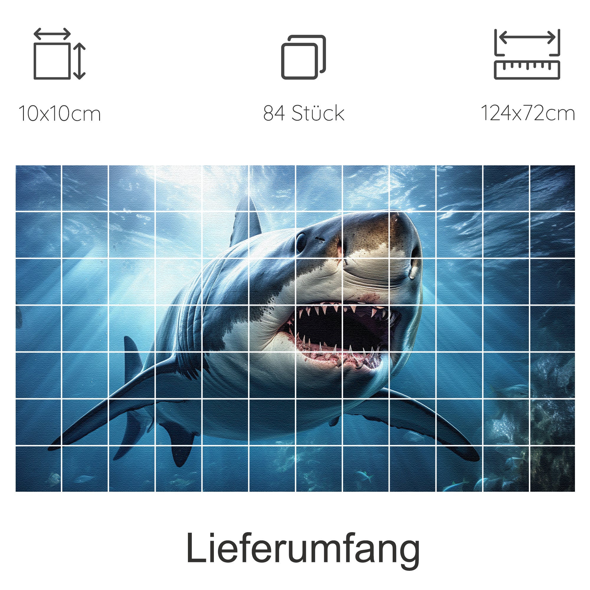Großer weißer Hai im Wasser, lebendige Farben, 84 Teile.