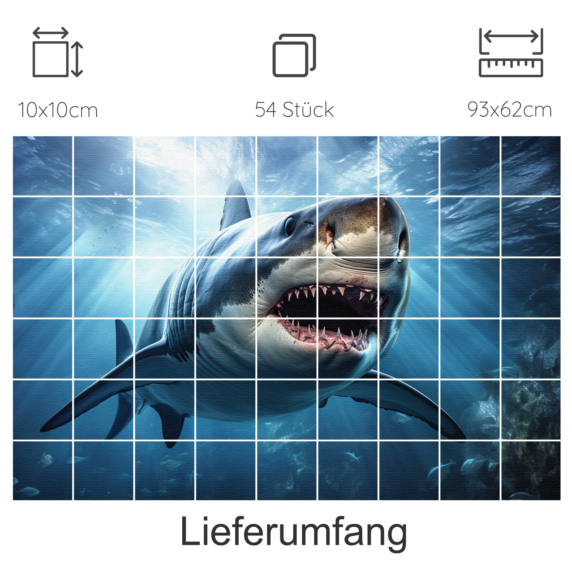 Großer weißer Hai unter Wasser, lebendige Farben, 54 Teile.