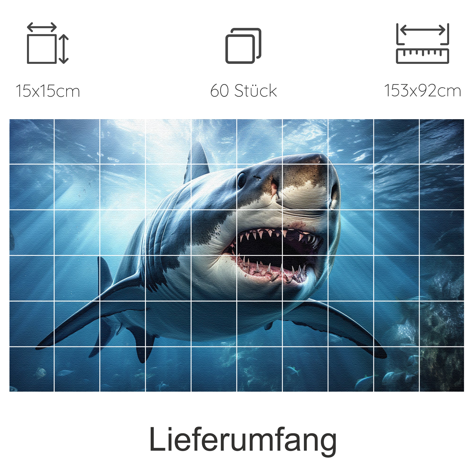 Großer weißer Hai unter Wasser, lebendige Farben, beeindruckendes Design.