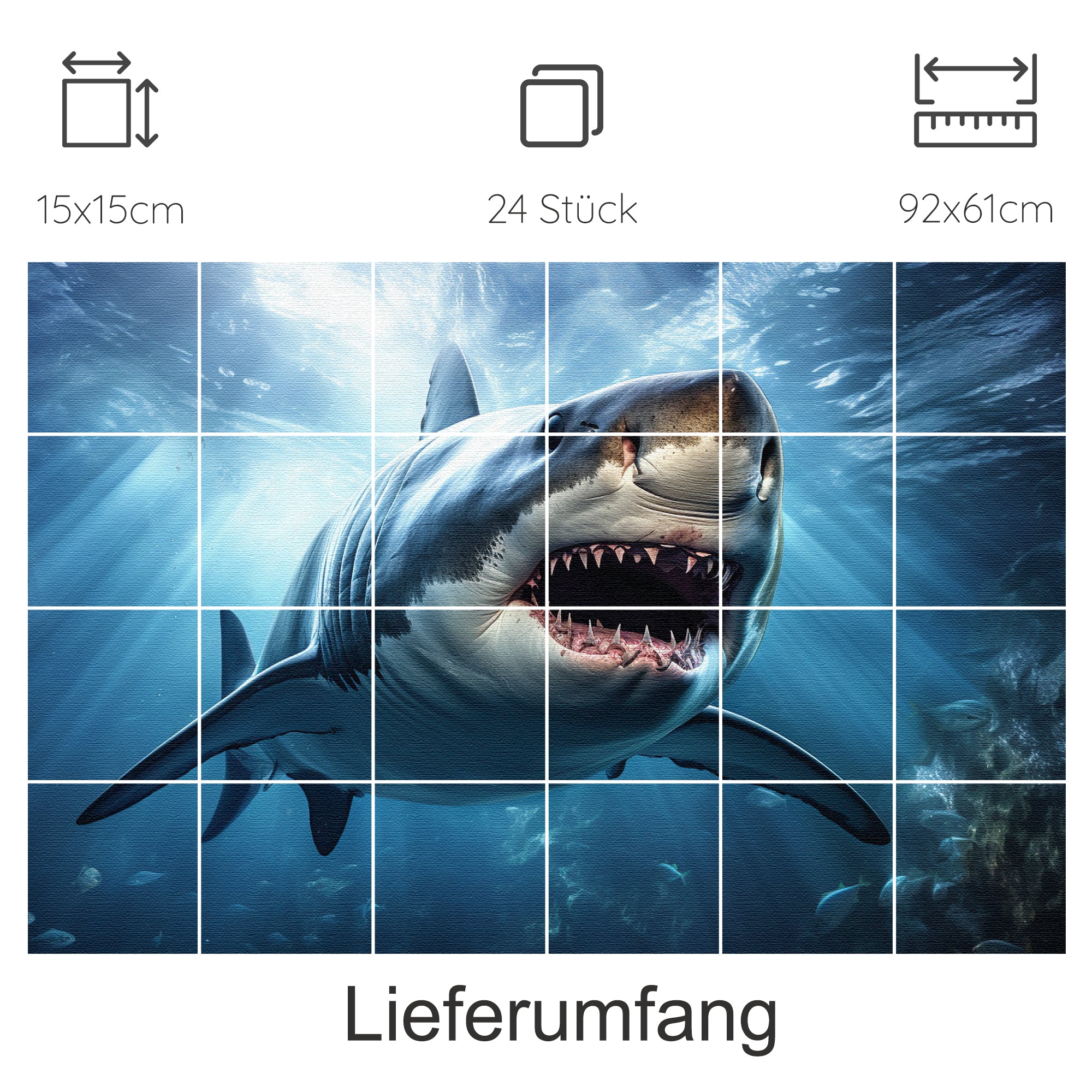 Großer weißer Hai im Ozean, lebendige Farben, beeindruckende Details.