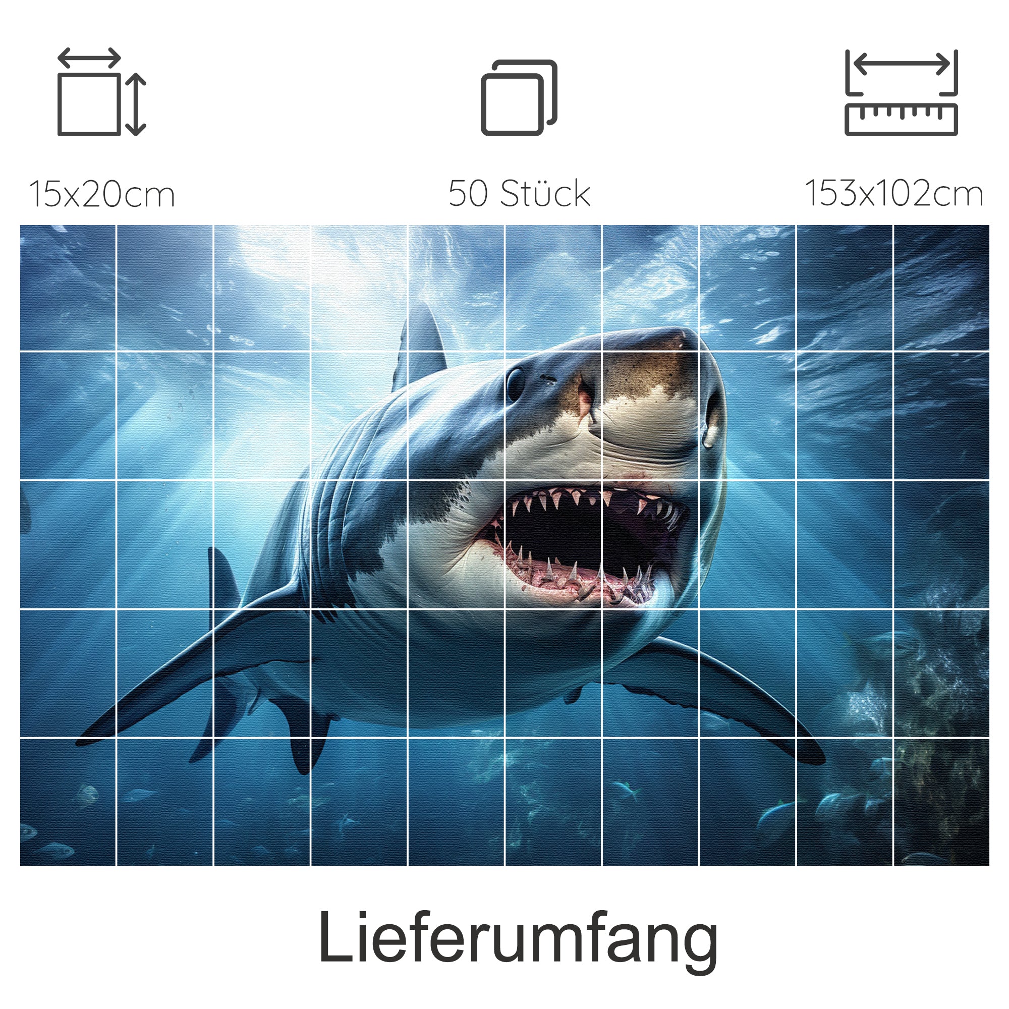 Großer weißer Hai unter Wasser, lebendige Farben, beeindruckende Details.