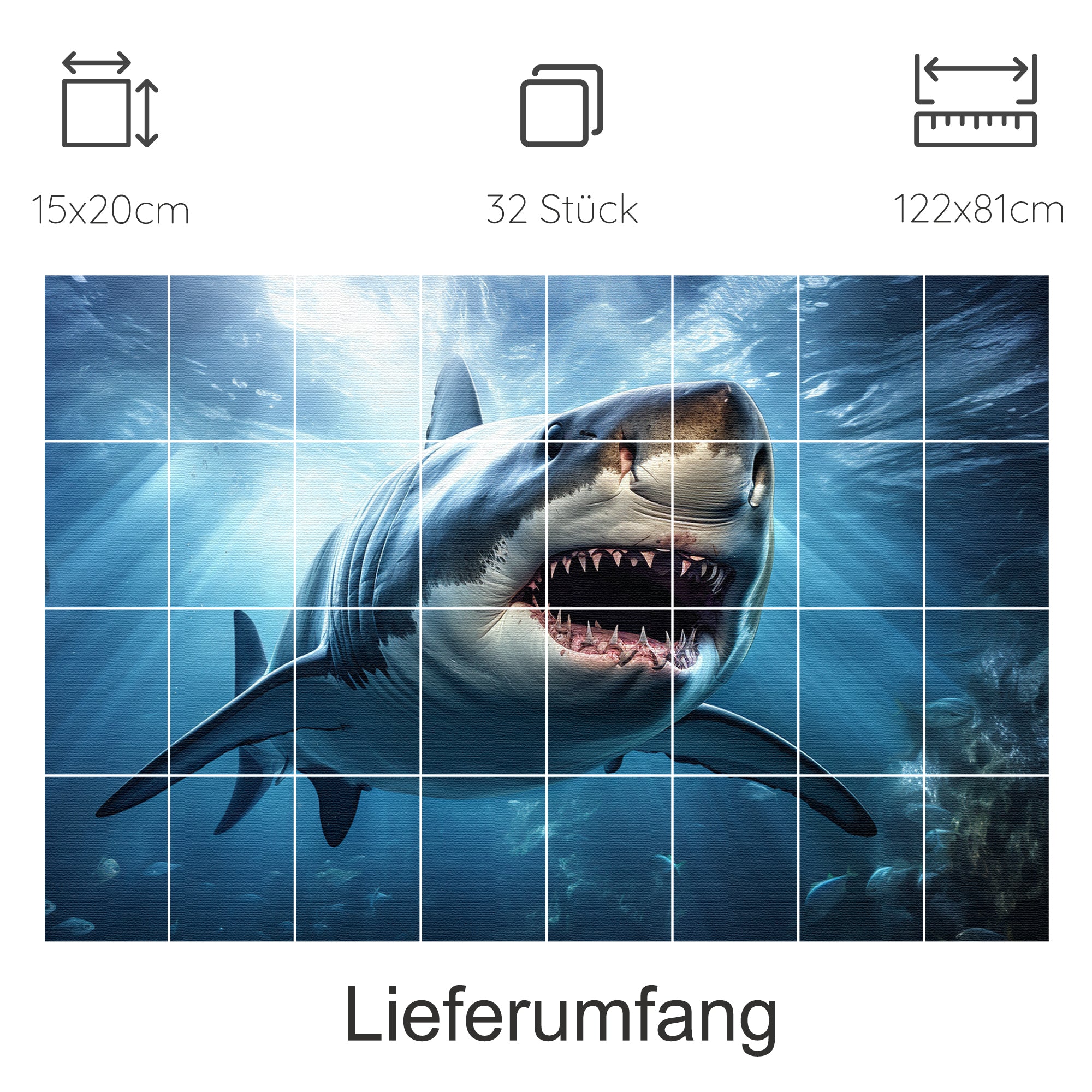 Großer weißer Hai im Wasser, lebendige Farben, beeindruckendes Design.