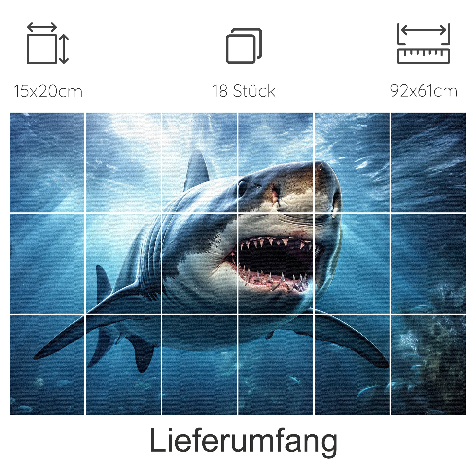 Großer weißer Hai unter Wasser, lebendige Farben, 18 Teile.