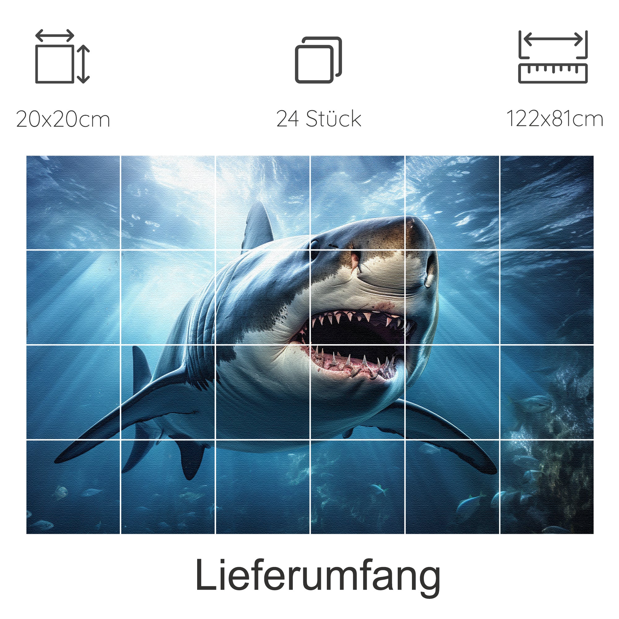 Großer Weißer Hai im Ozean, lebendige Farben, beeindruckende Details.